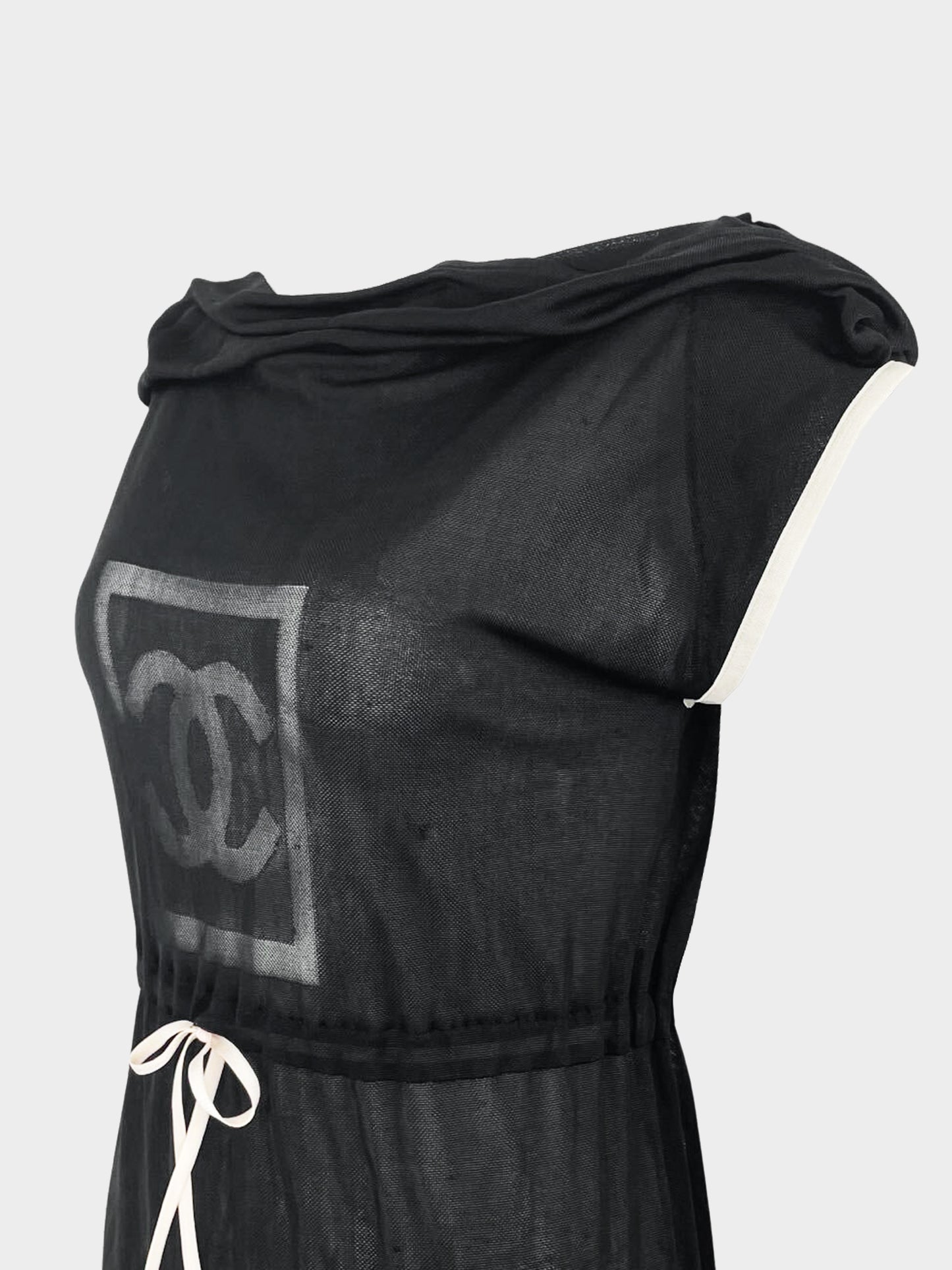 Chanel SS 2003 Sports Line Black CC Logo Sheer Mesh Dress with Self-tie Ribbons
