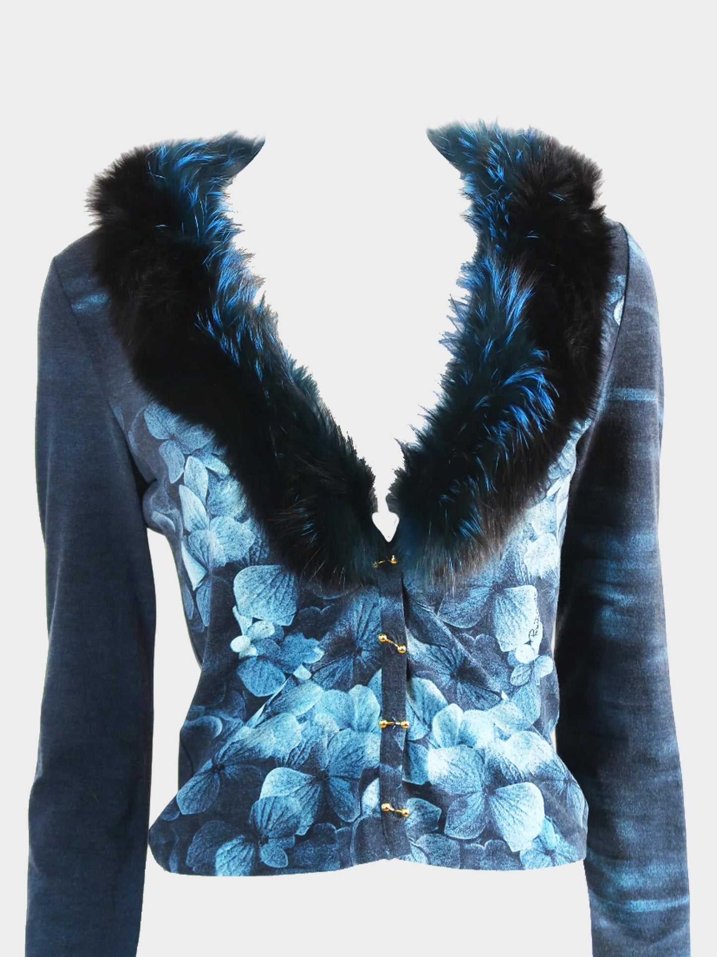 Roberto Cavalli 2000 Rare Metallic Blue Hydrangea Print Long Sleeve Top With Fur Collar