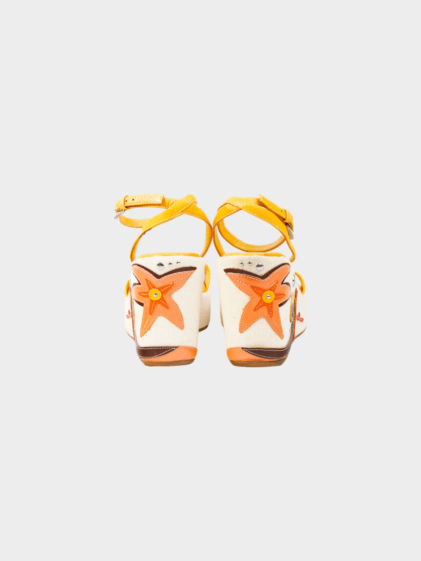 Prada 2000s Yellow Beach Theme Appliqué Espadrille Platform Wedge Sandals