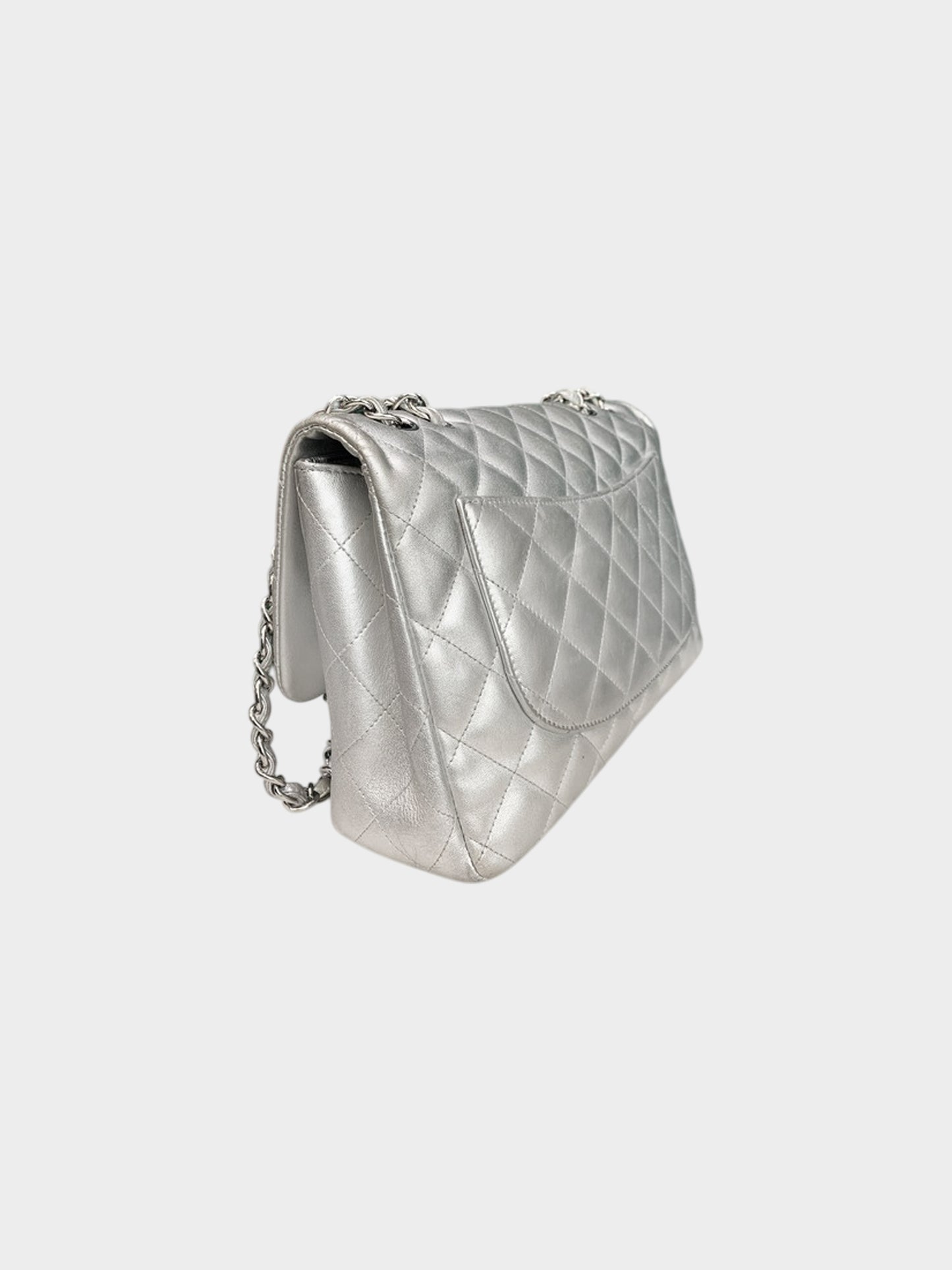 Chanel 2009-2010 Metallic Silver Lambskin Classic Jumbo Flap Bag
