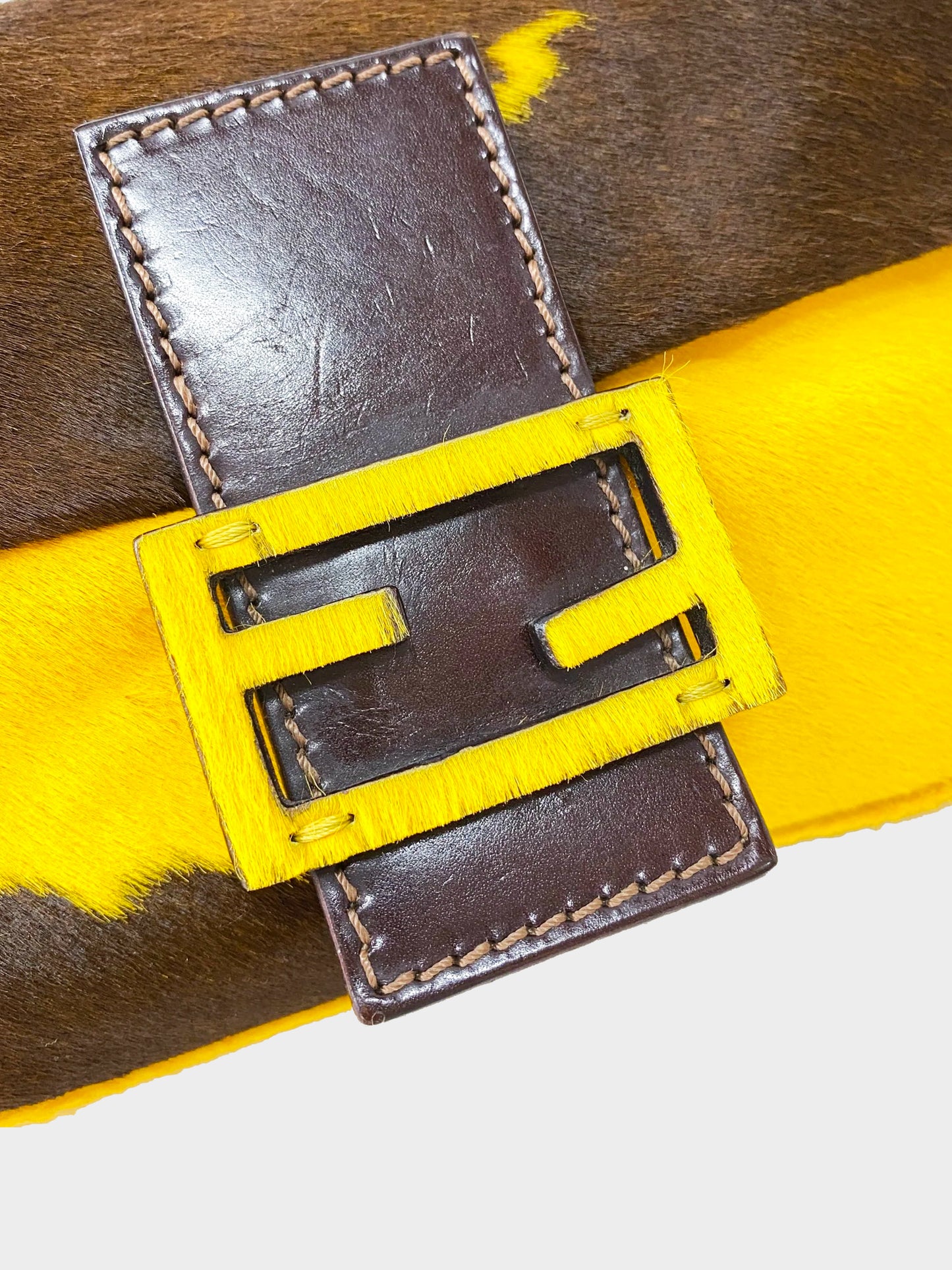 Fendi 2000s Yellow and Brown Pony Hair Cow Print Baguette