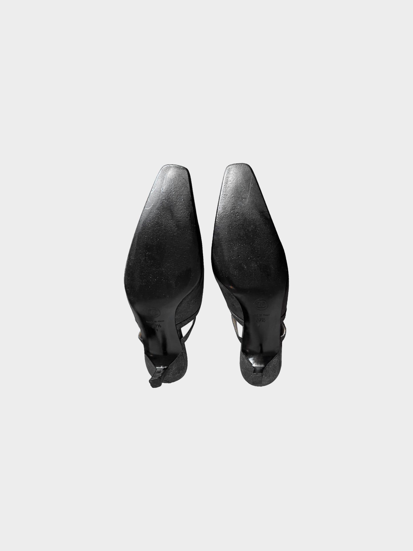 Chanel FW 1999 Black Suede Double Strap Heeled Mules