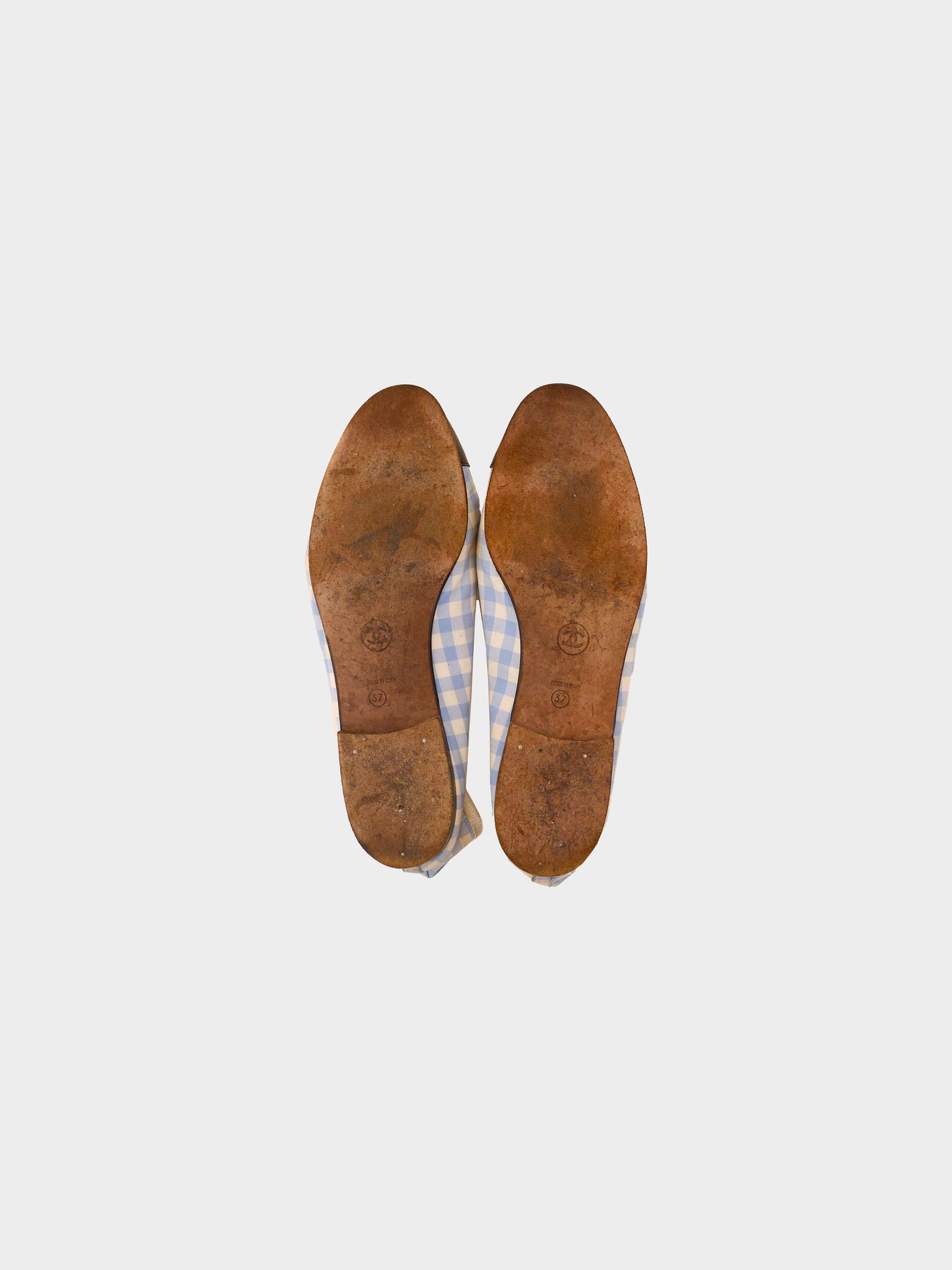 Chanel 1990s Blue and White Gingham Check Print Leather and Canvas Ballet Flats