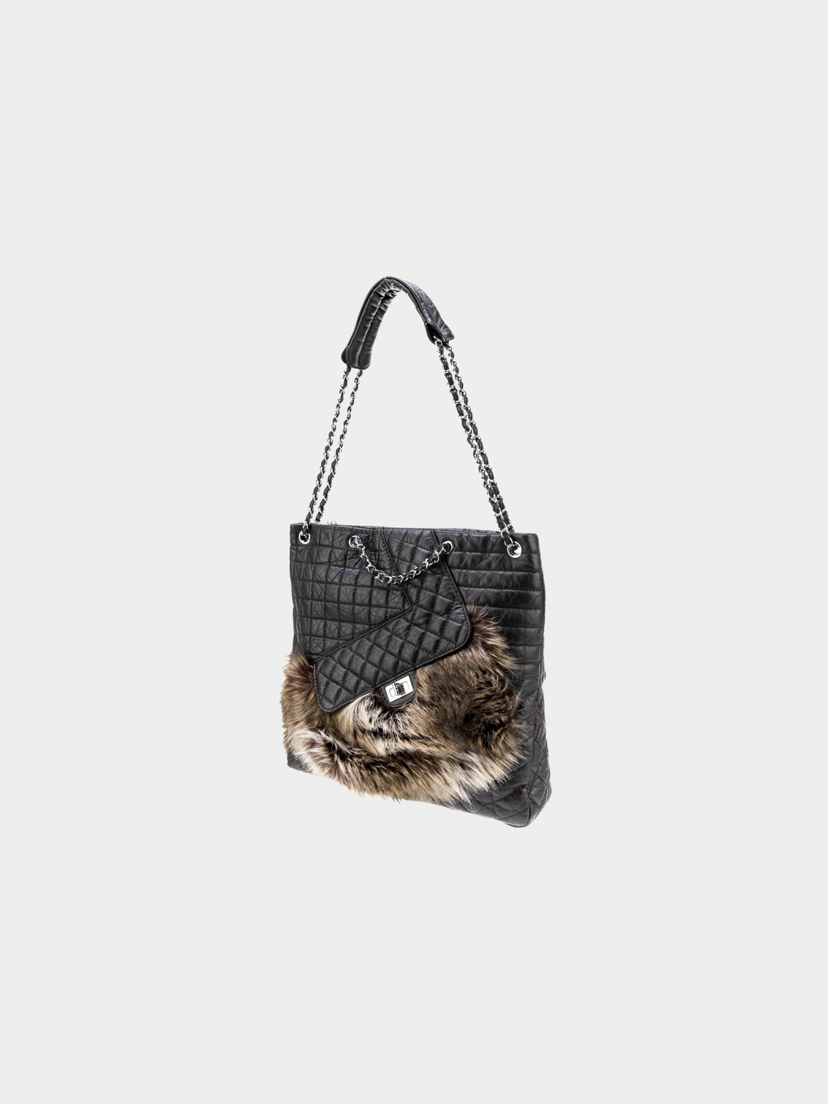 Chanel FW 2010 Black Calfskin Faux Fur Tote Bag