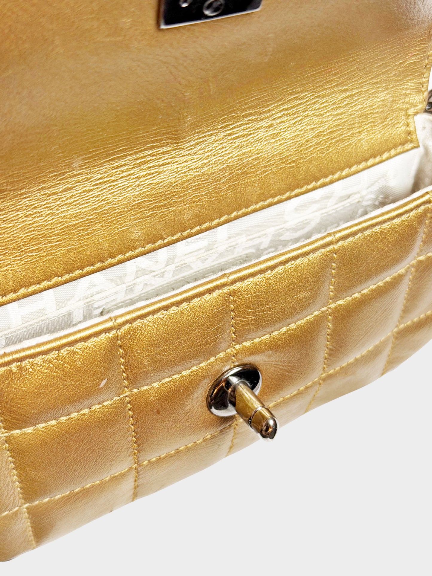 Chanel 2005 Metallic Gold Leather Chocolate Bar Quilted 3-chain Mini Flap Bag