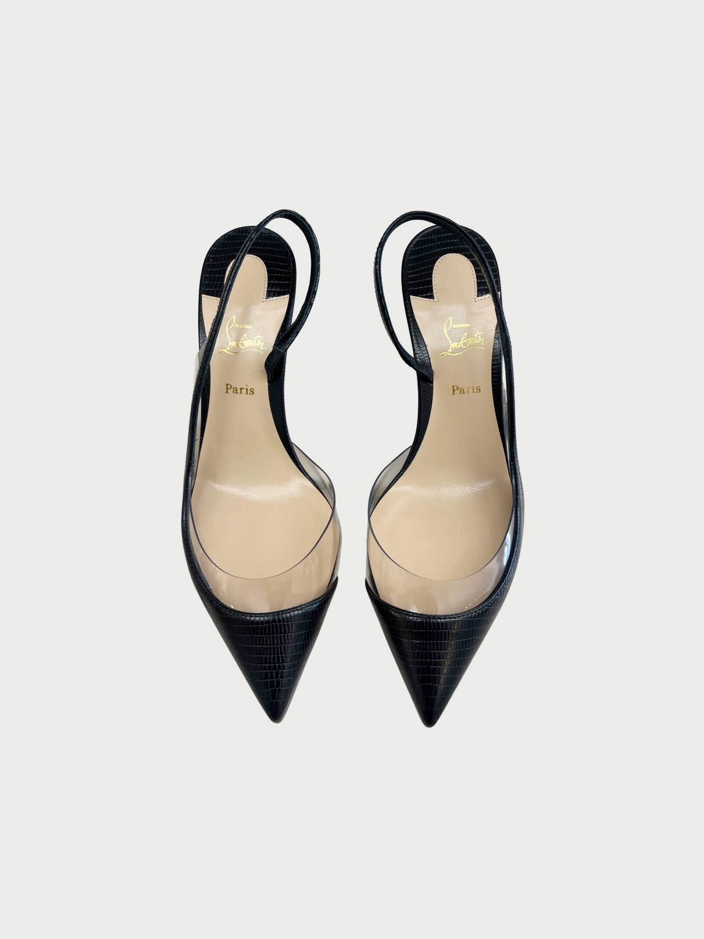 Christian Louboutin 2020s Black Leather PVC Optisexy 70 Slingback Heels