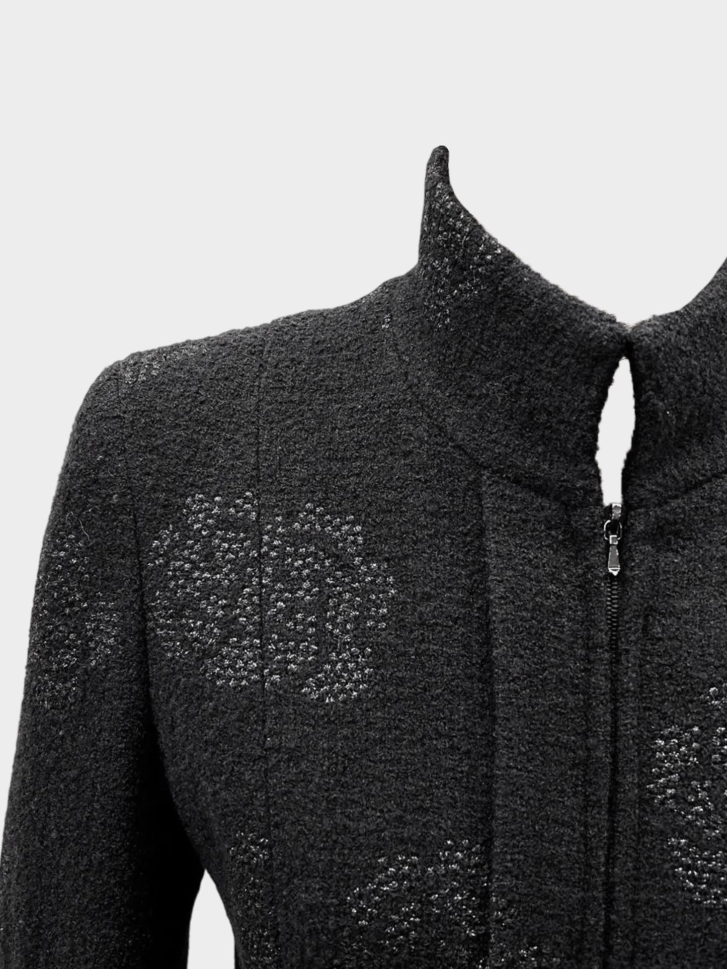 Chanel 2003 Black Wool Jacket with Lurex Camellia Print