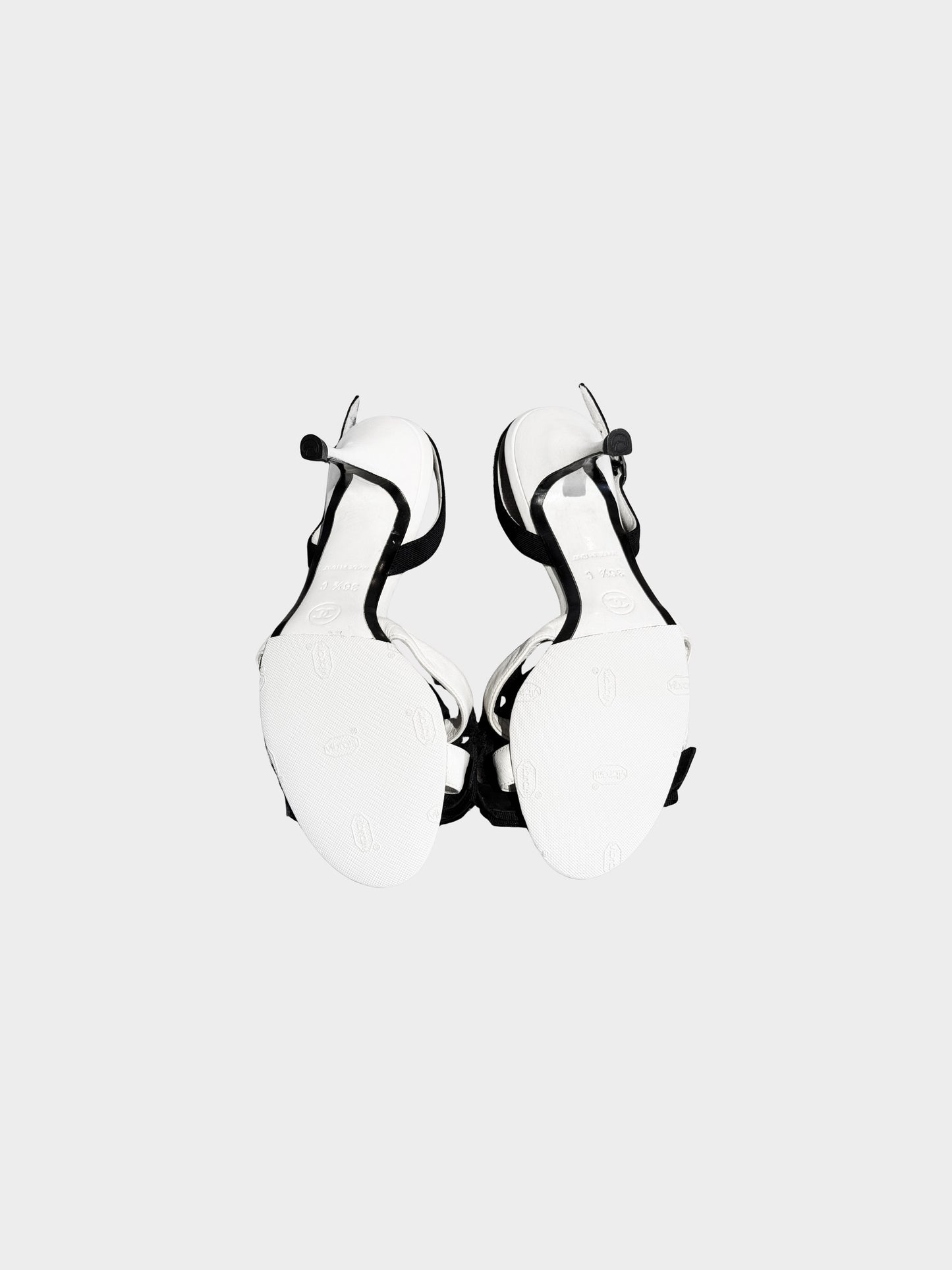Chanel by Karl Lagerfeld 2006 White and Black Lambskin Leather Camellia and Bow Heels