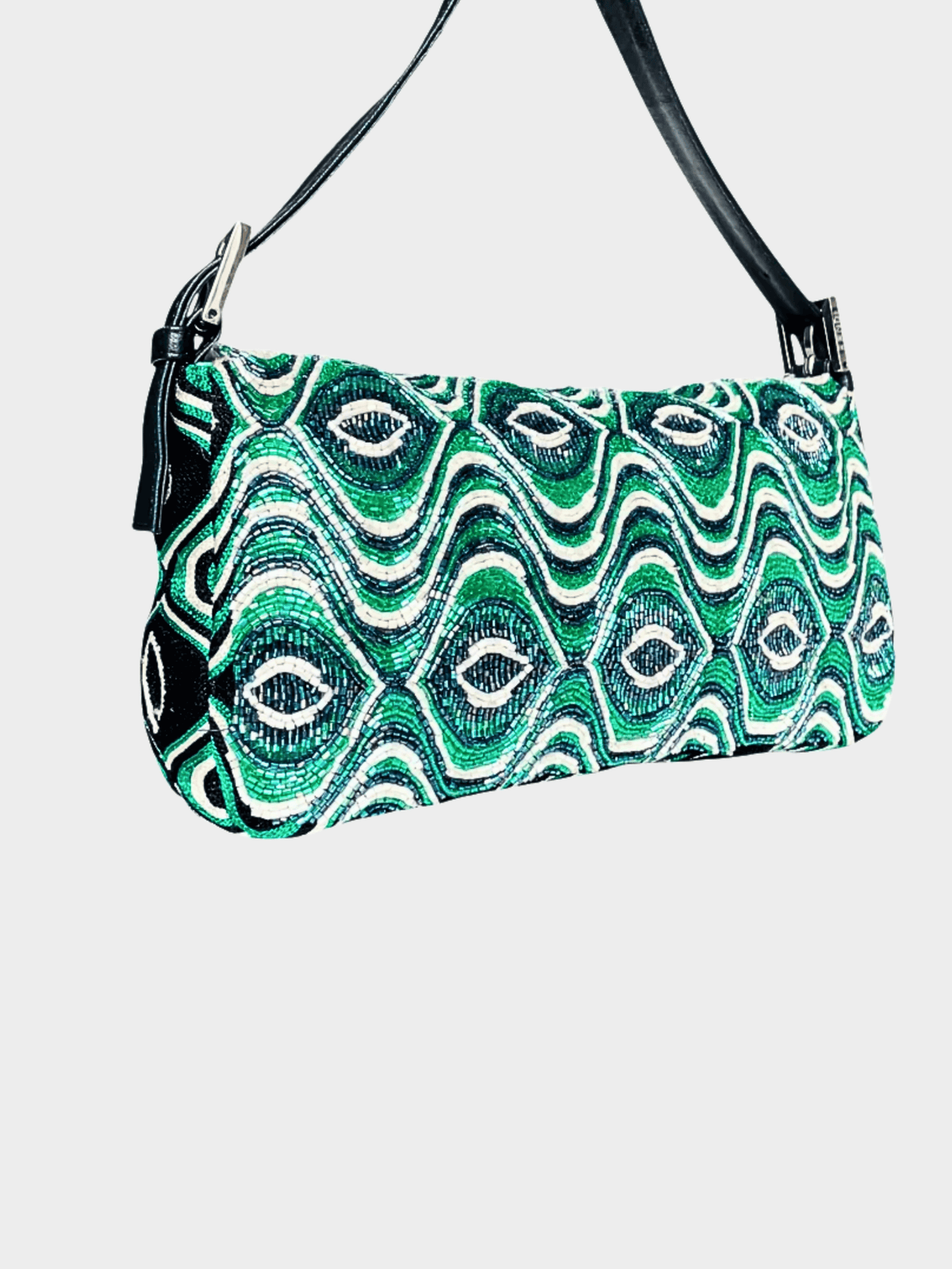 Fendi 2000s Beaded Green Baguette Shoulder Bag