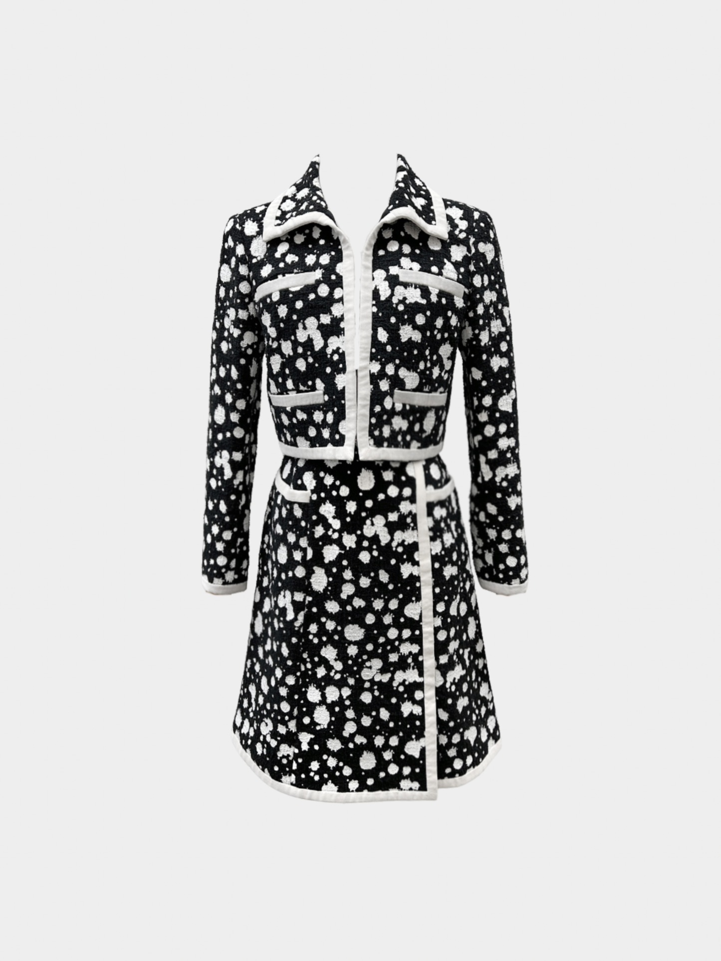 Chanel 2015 Black Tweed White Splatter Skirt Suit