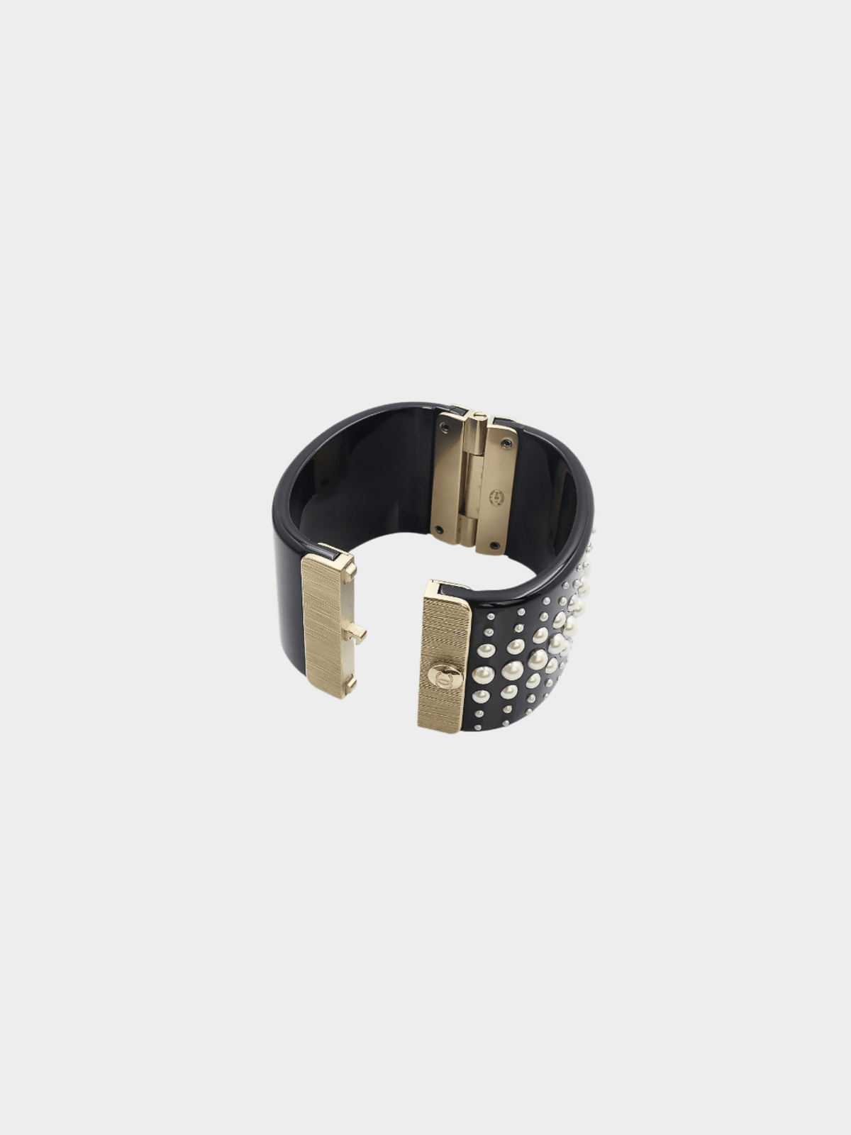 Chanel 2015 Black Resin and Faux Pearl CC Cuff Bracelet