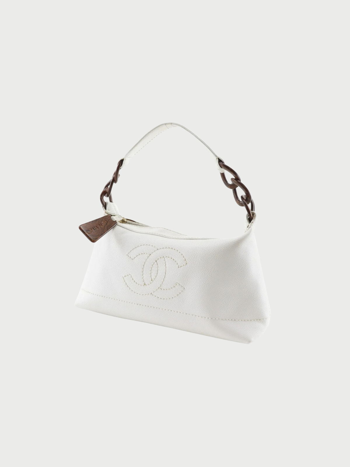 Chanel 2002 White Caviar Wood Chain Shoulder Bag