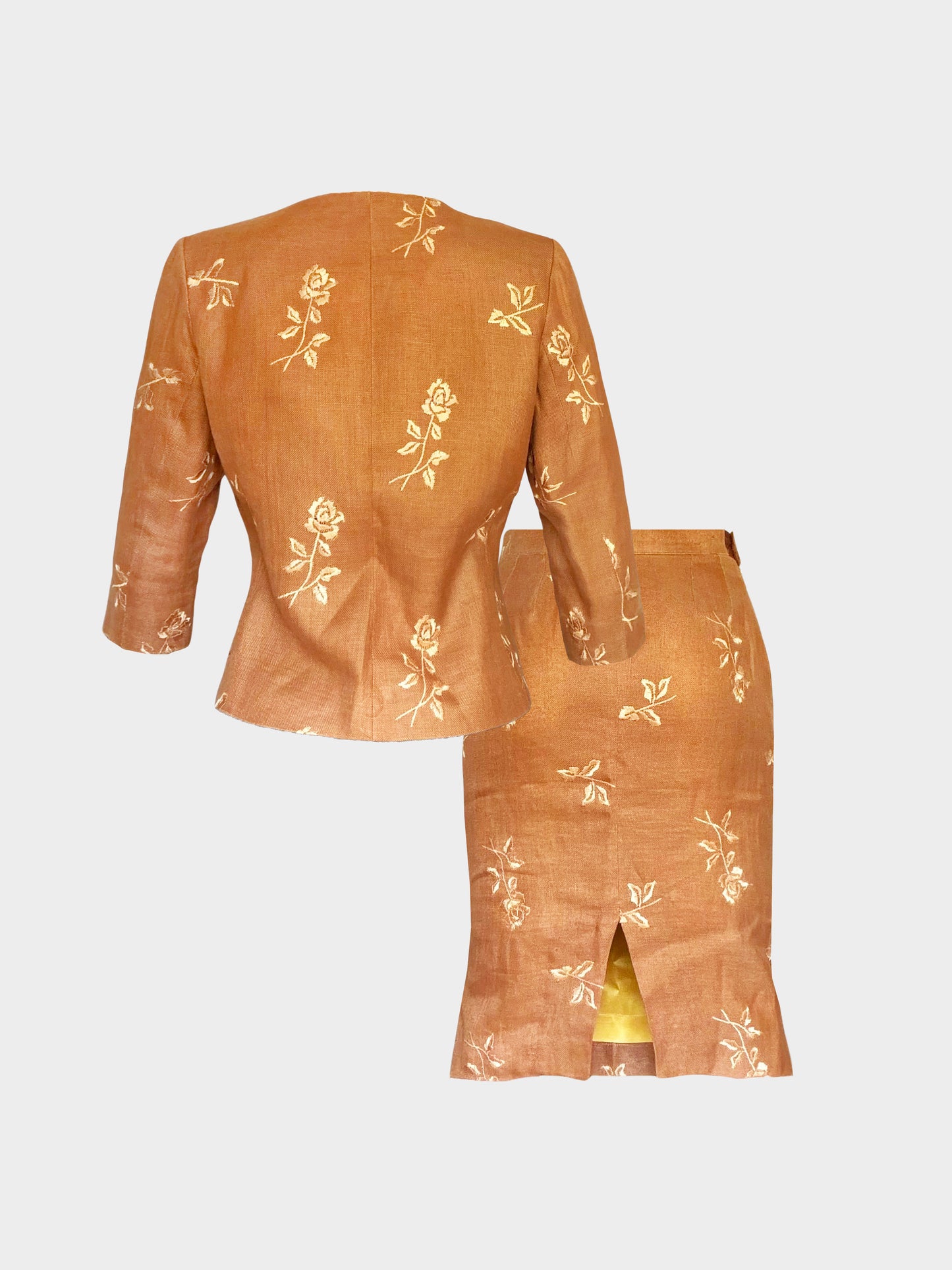 Yves Saint Laurent 1990s Brown Floral Embroidered Jacket and Skirt Set