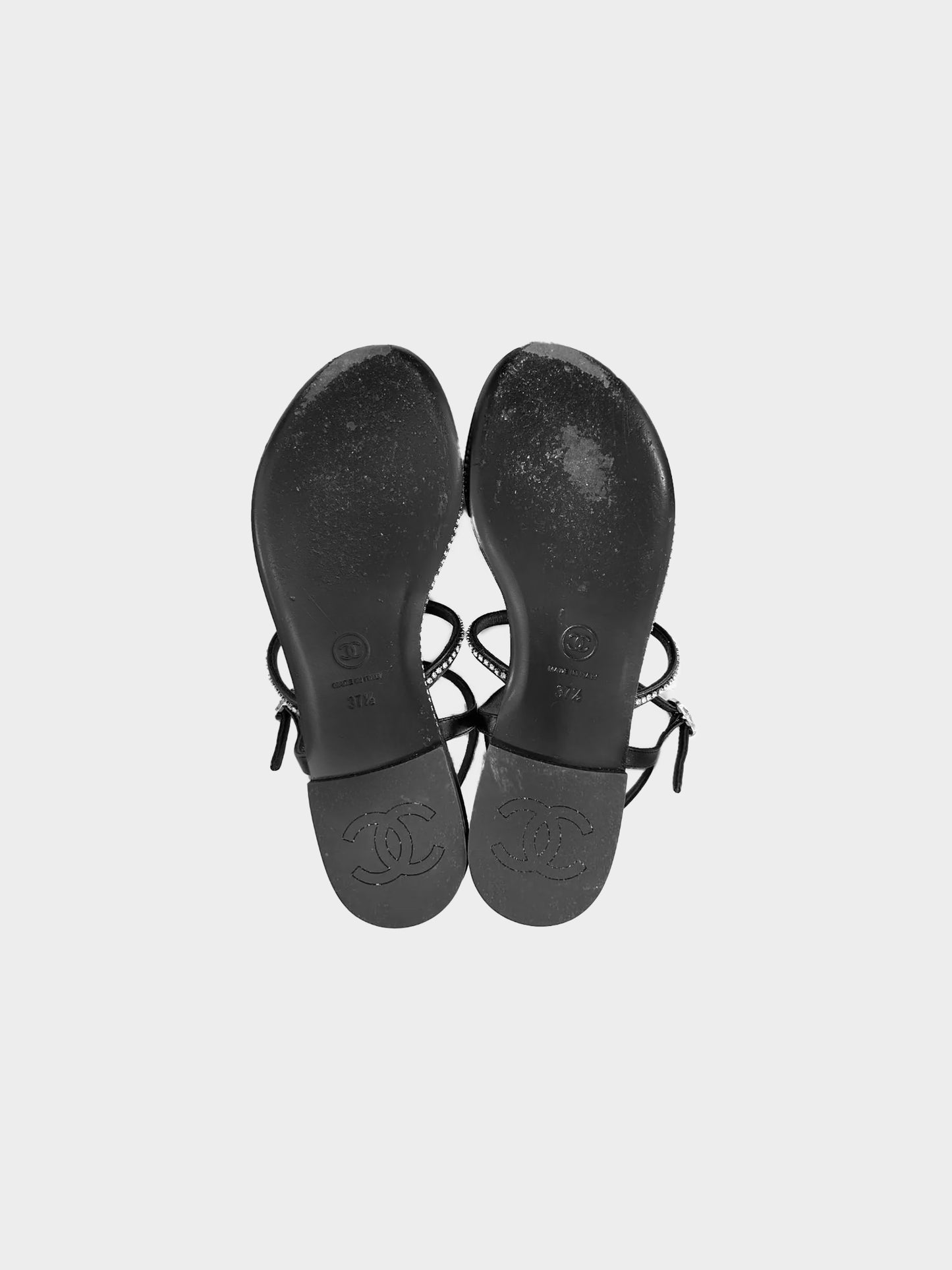 Chanel 2023 Black Leather Thong Sandals with Rhinestones