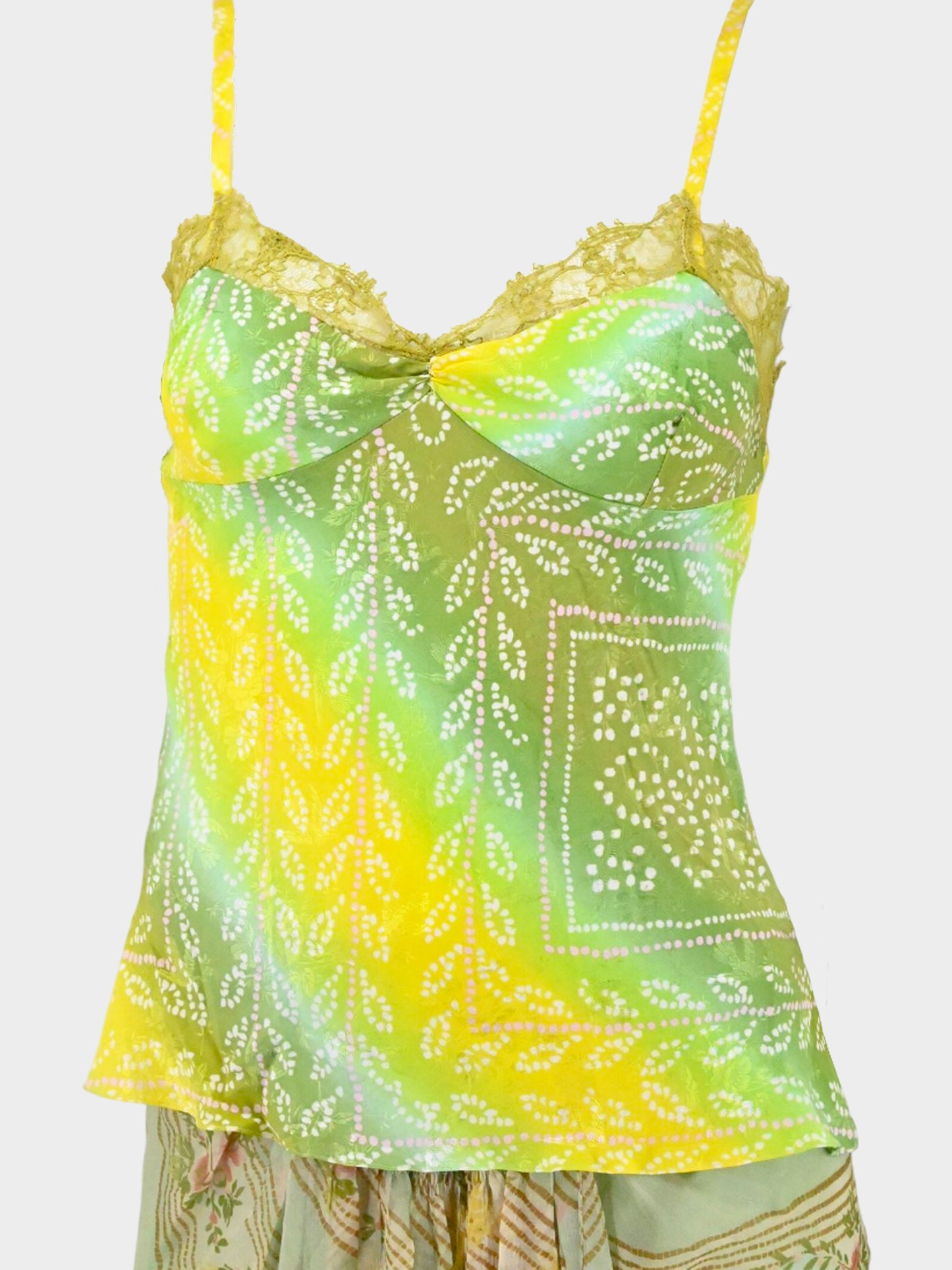 John Galliano 2000s Green and Yellow Plant Motif Print Top and Flared Chiffon Skirt Set