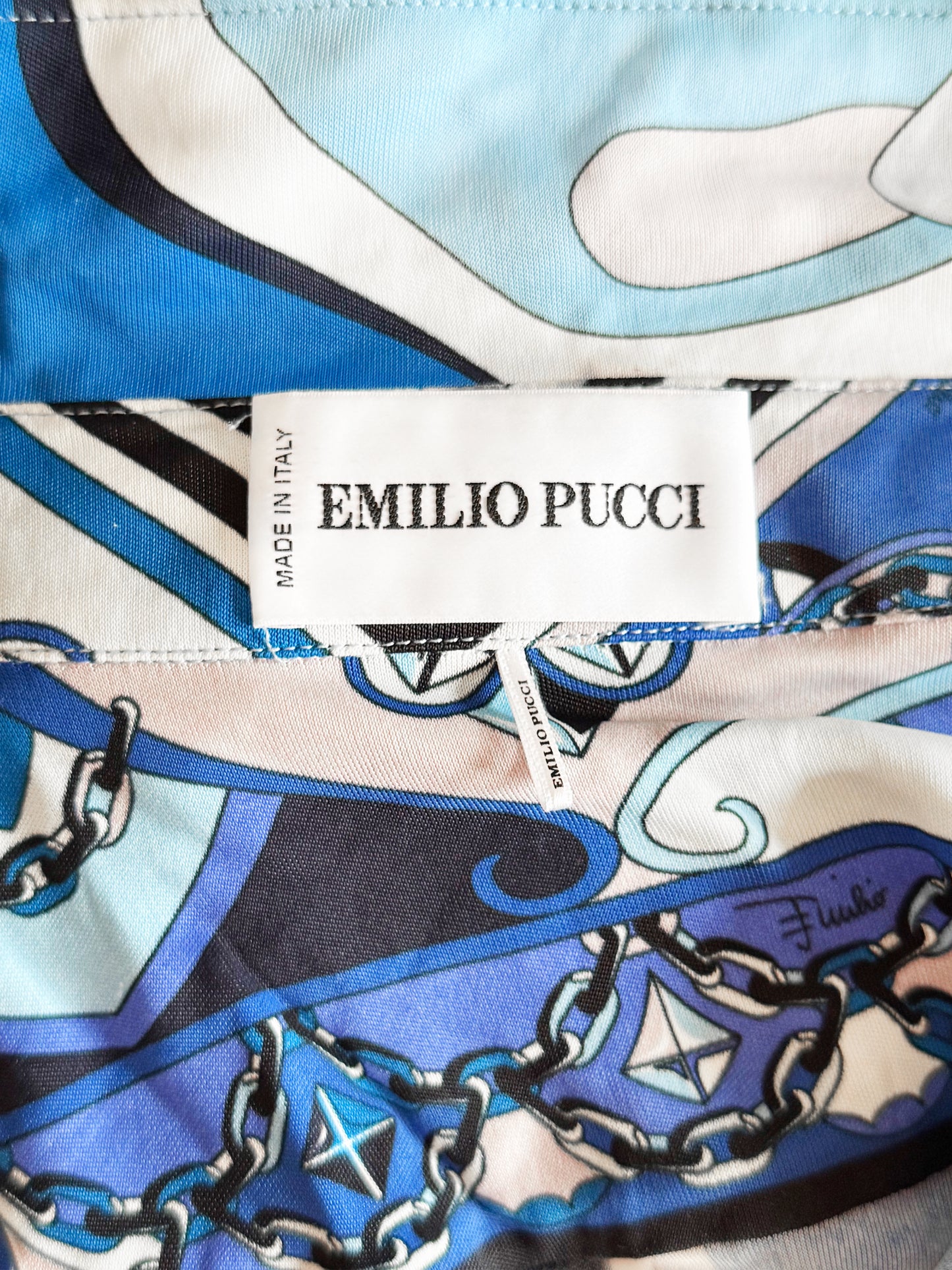 Emilio Pucci 2010s Blue and White Abstract Swirl Print Long-sleeved Dress