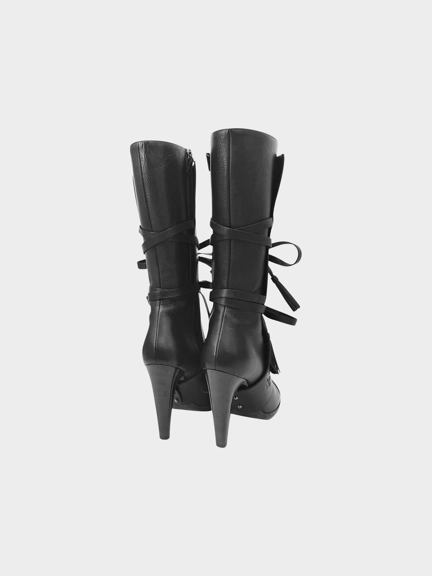 Chanel 2000s Rare Black Leather Bow Boots