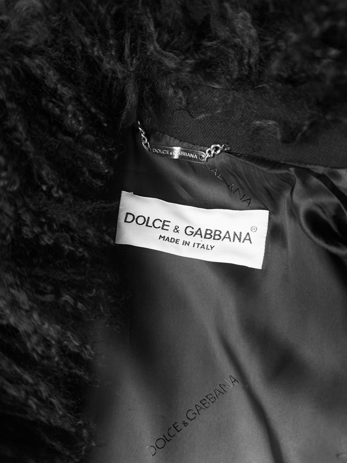 Dolce and Gabbana 2000s Black Mongolian Fur Trim Double-breasted Long Coat