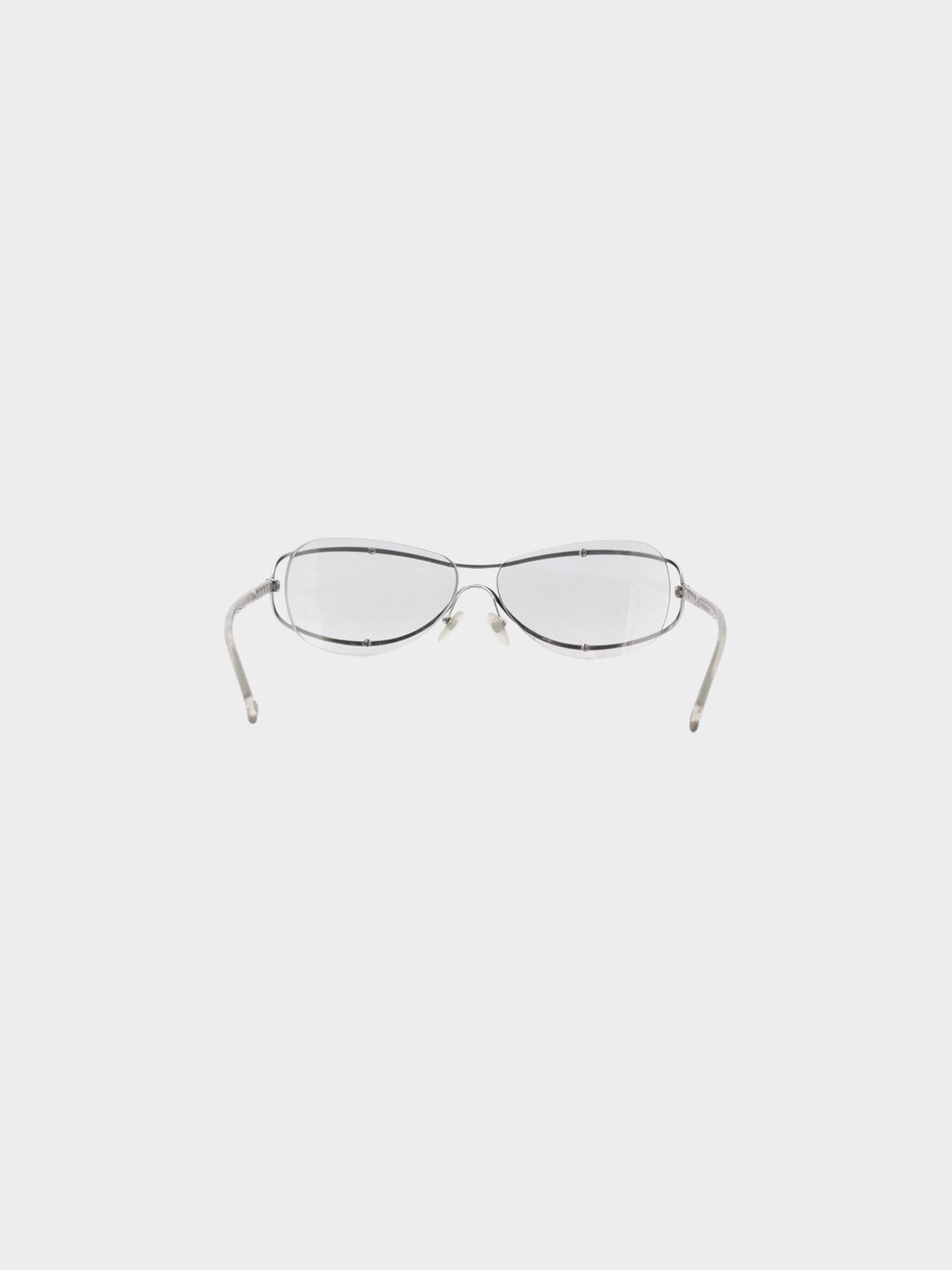 Chanel 2000s Grey and Silver Metal Frame Cat Eye Sunglasses