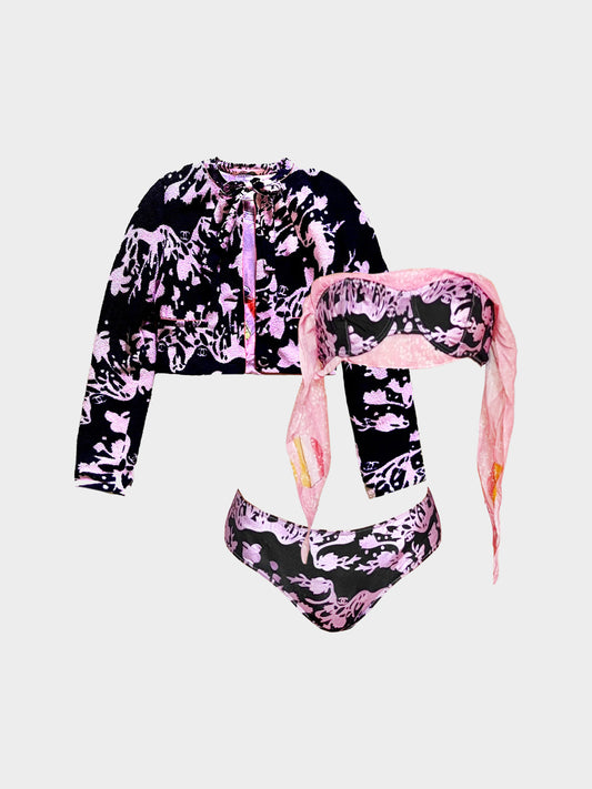 Chanel SS 2005 Karl Lagerfeld Rare Black and Pink Floral Bikini and Terrycloth Cropped Blazer Set