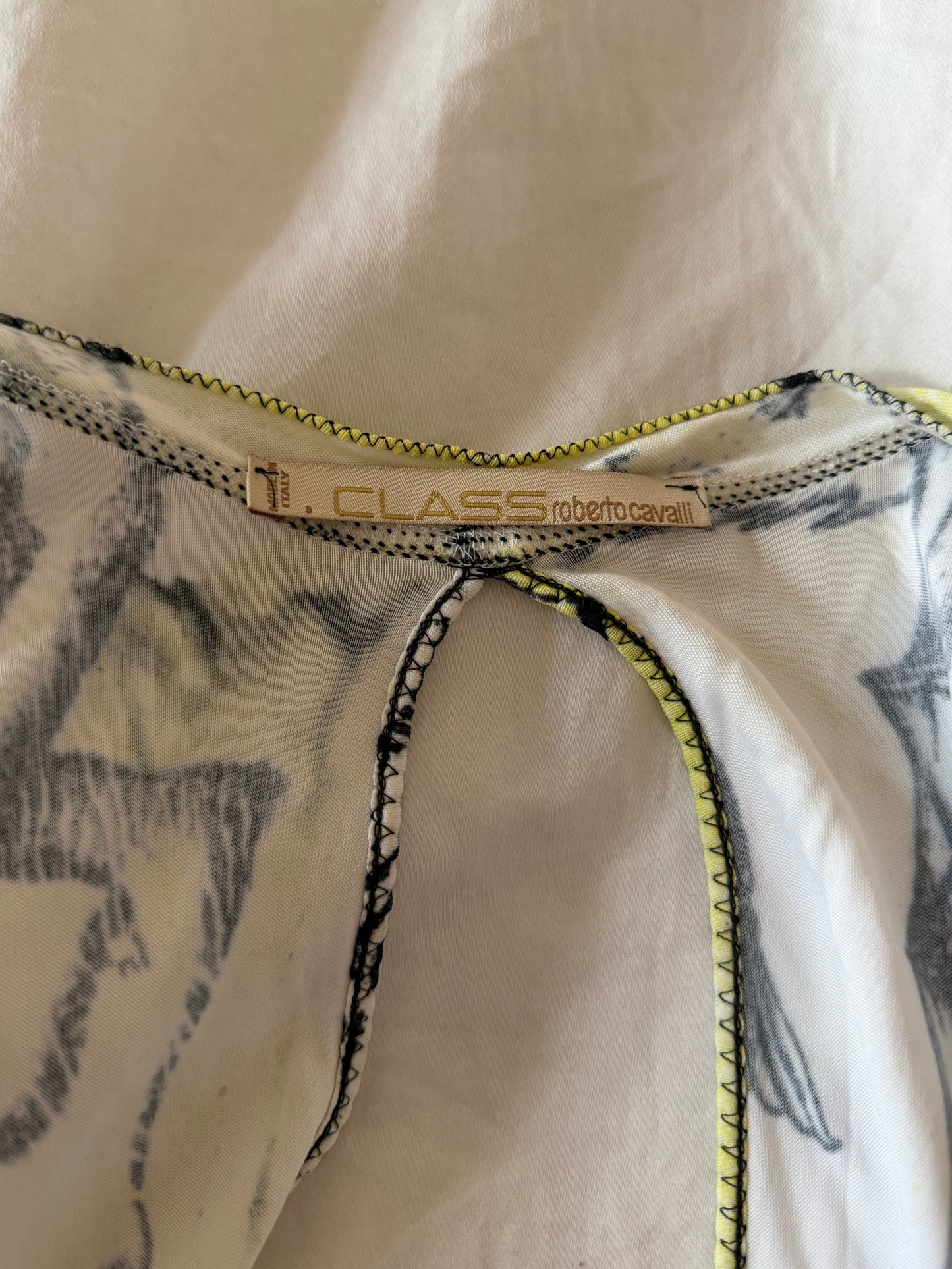 Roberto Cavalli Class 2000s White Yellow Printed Mesh Maxi Dress
