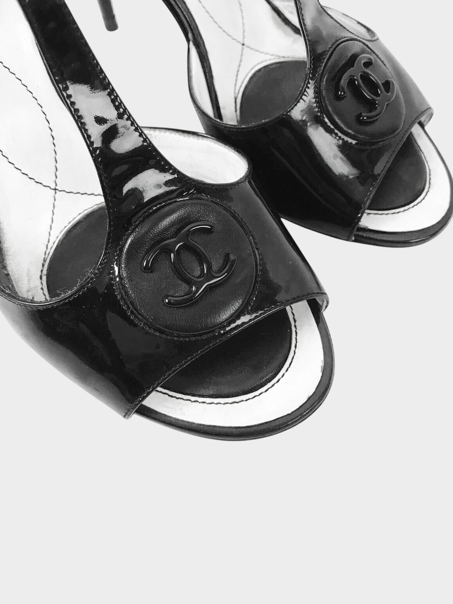 Chanel 2000s Black Patent Leather Peep Toe Heels