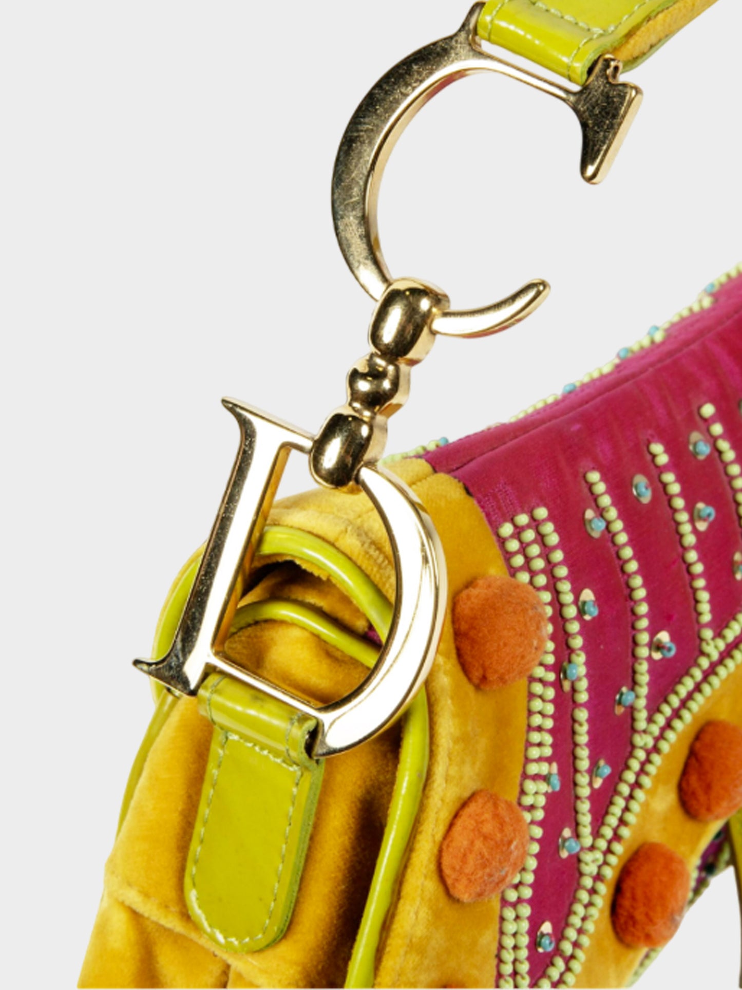 Christian Dior Spring 2002 Limited Edition Pink and Yellow Green Pom Pom Saddle Bag