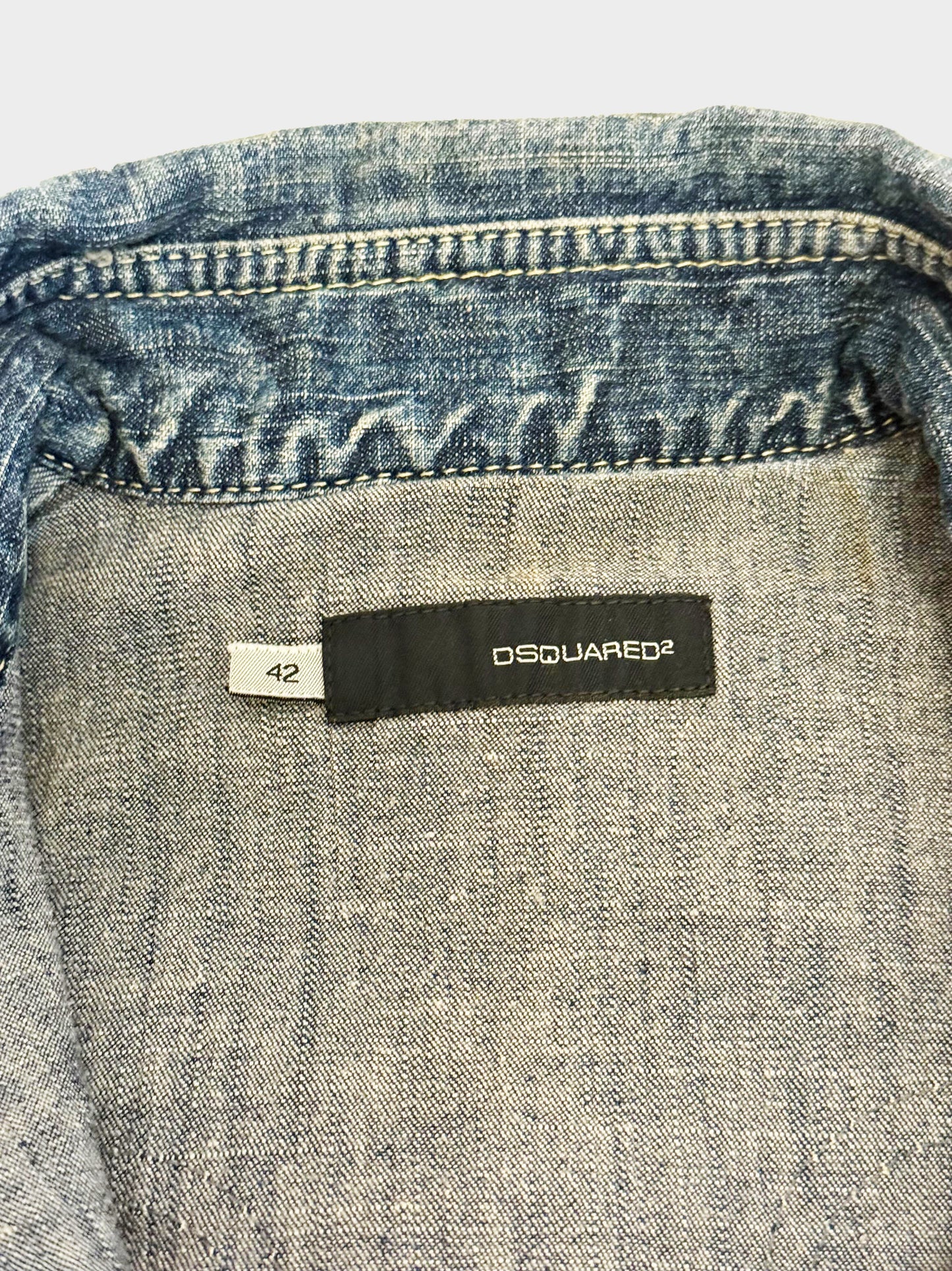 Dsquared2 SS 2006 Denim and Brown Leather Trim Button-down Short Sleeve Top