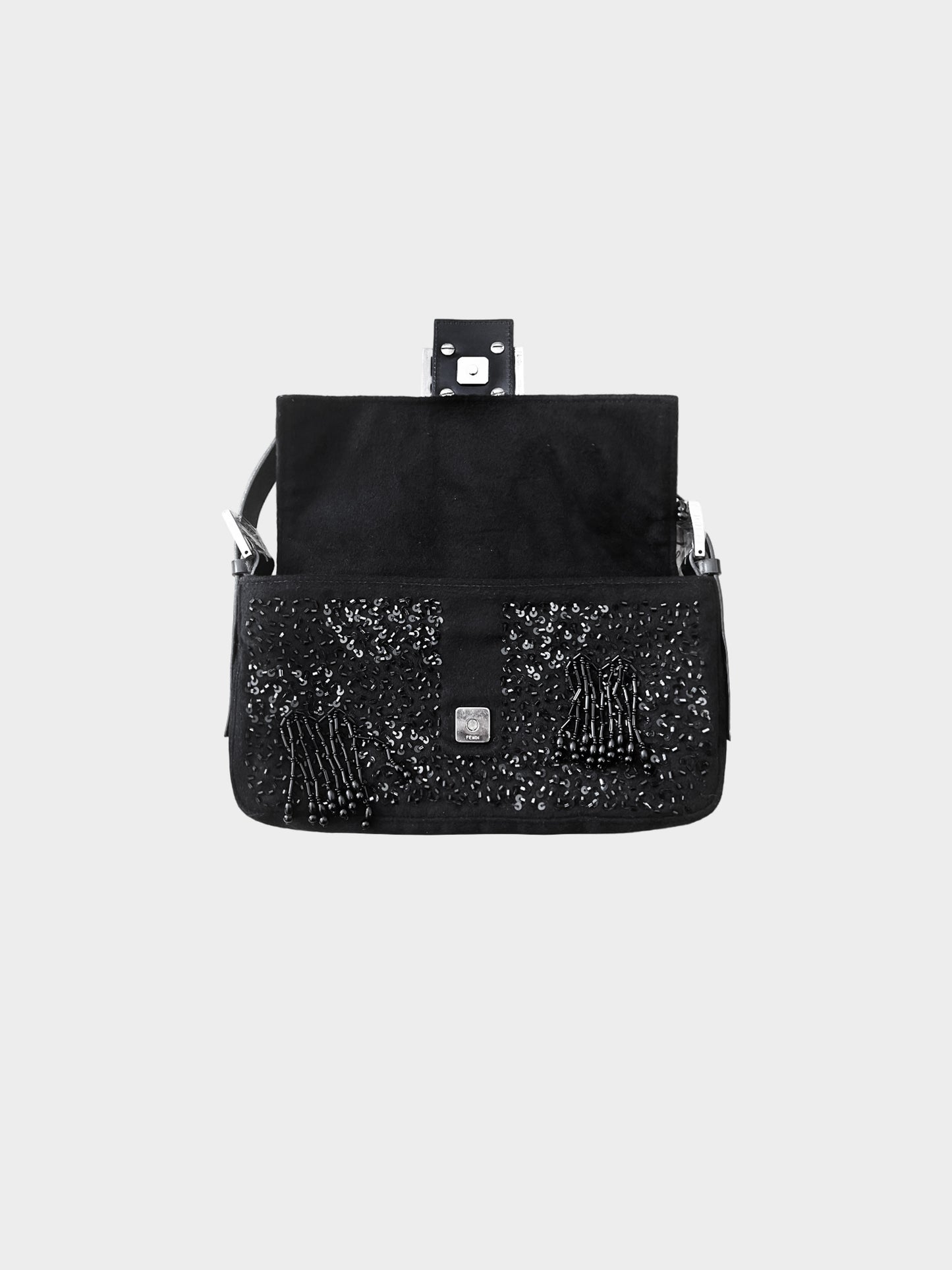 Fendi 2000s Black Sequin and Beaded Wool Baguette Bag