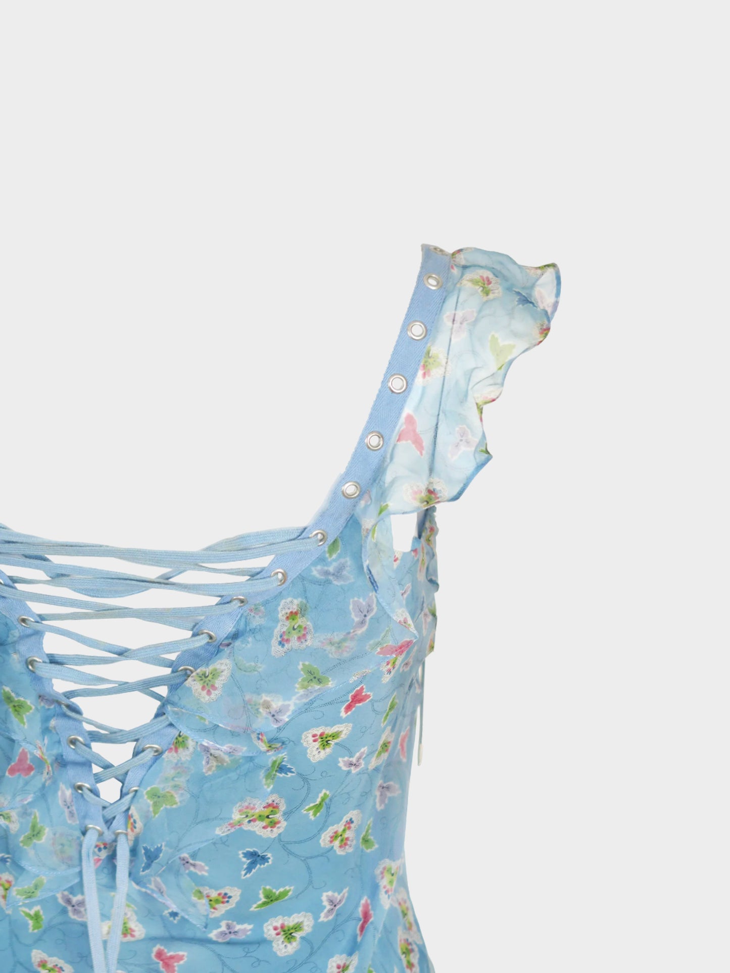 Christian Dior SS 2003 Blue Floral Print Chiffon Silk Top