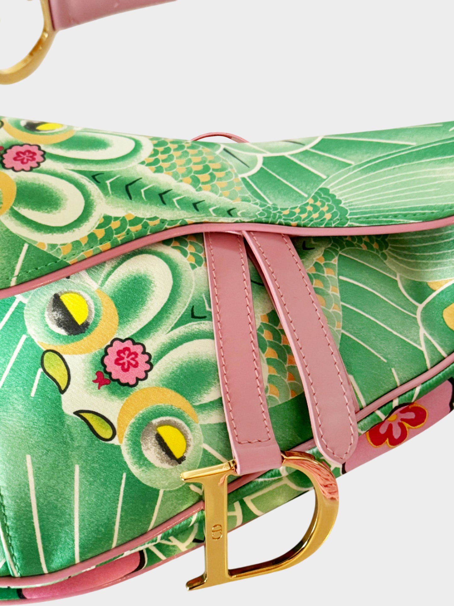 Christian Dior 2003 Green Floral and Koi Print Saddle Bag with Tassels