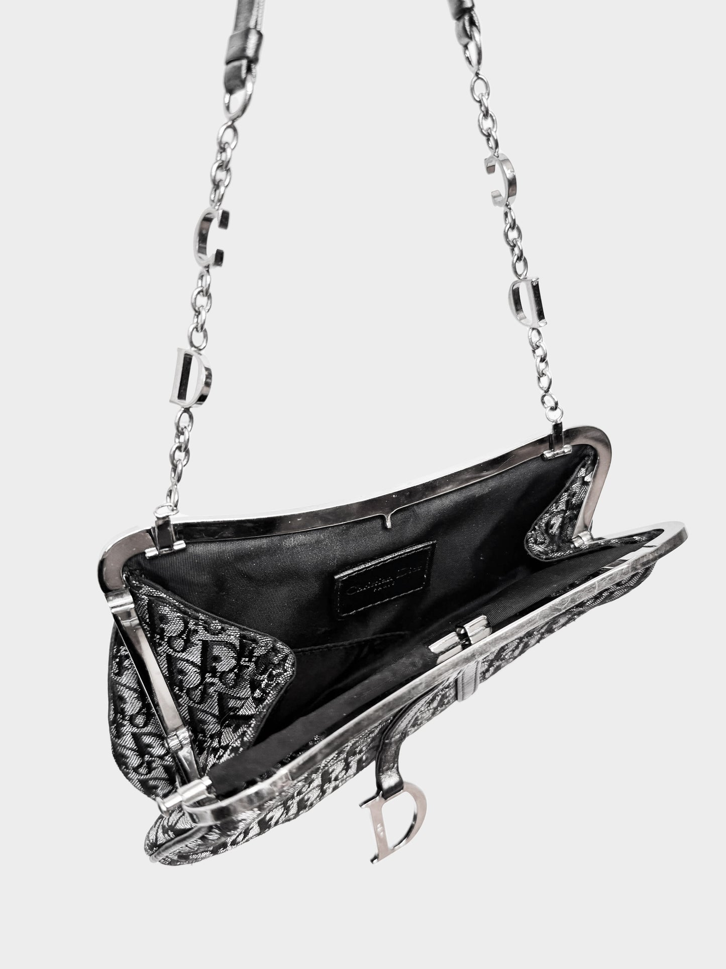 Christian Dior Early 2000s Black and Metallic Grey Diorissimo Mini Saddle Bag