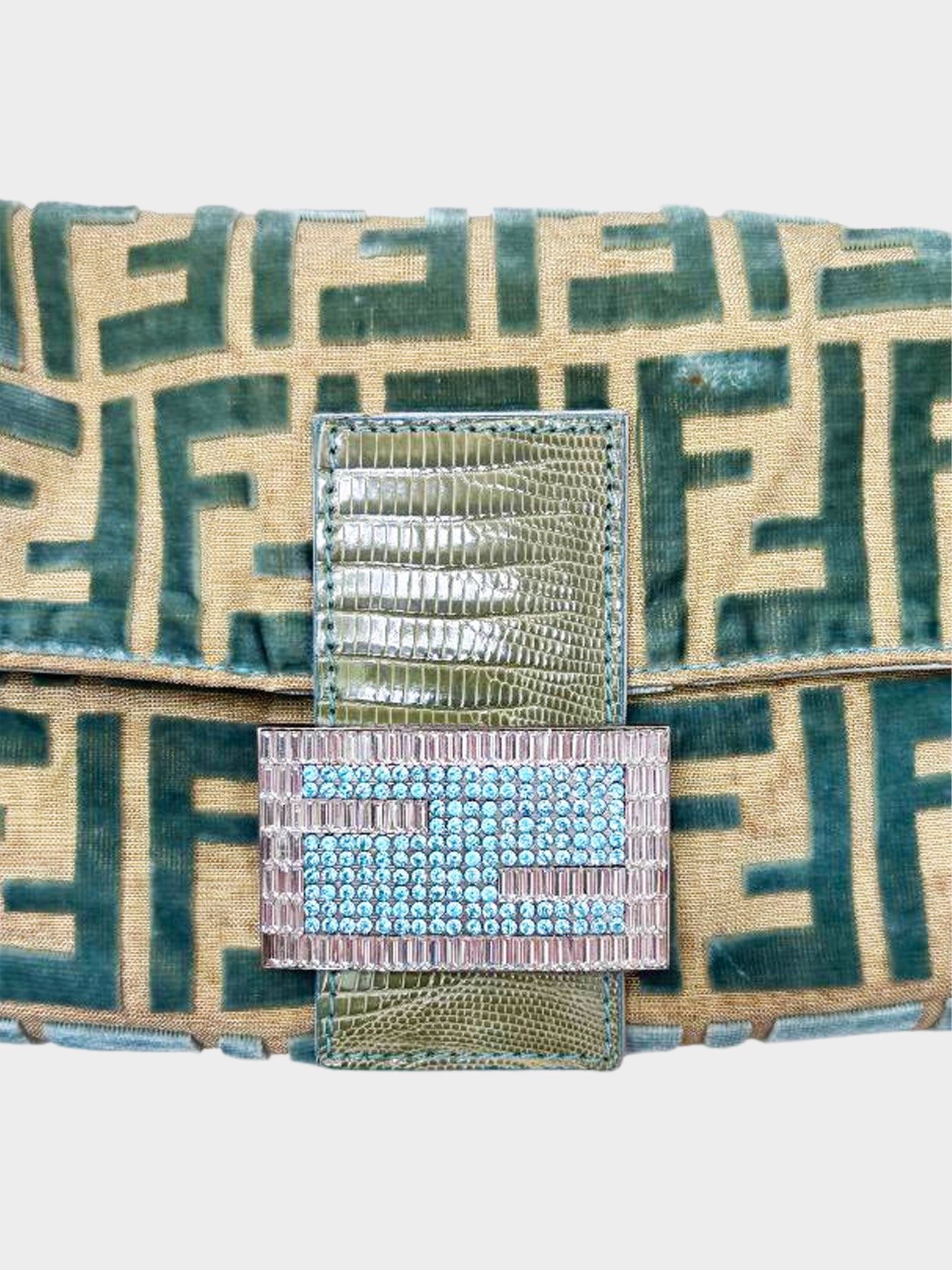 Fendi 2000s Green and Beige Velvet and Lizard Leather Zucca Rhinestone Baguette
