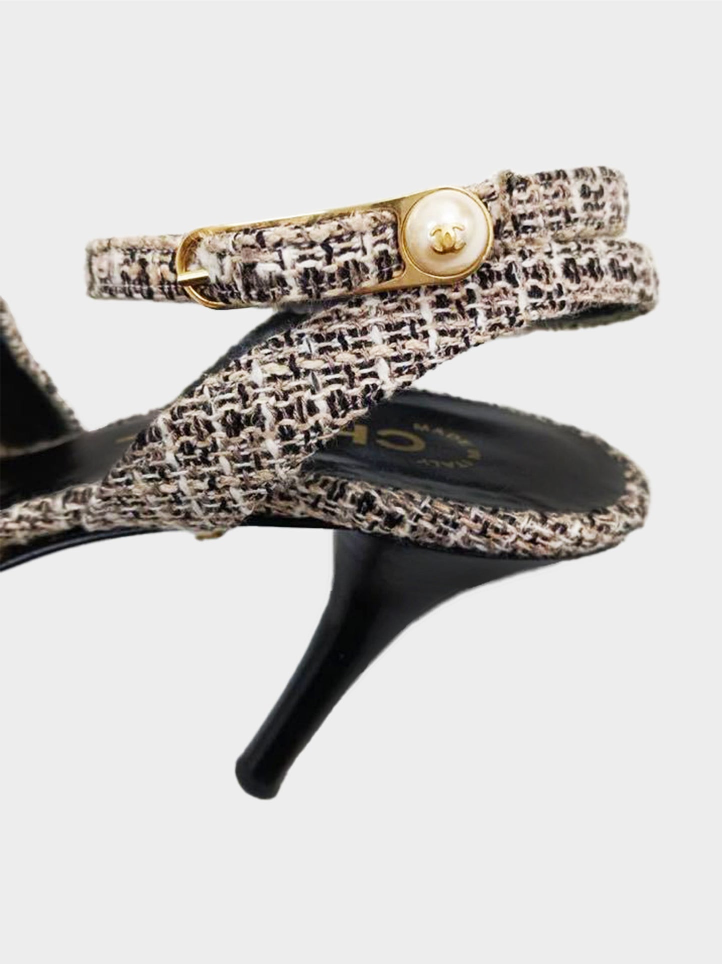 Chanel Spring 2003 Tweed Bow Ankle Strap Heeled Sandals
