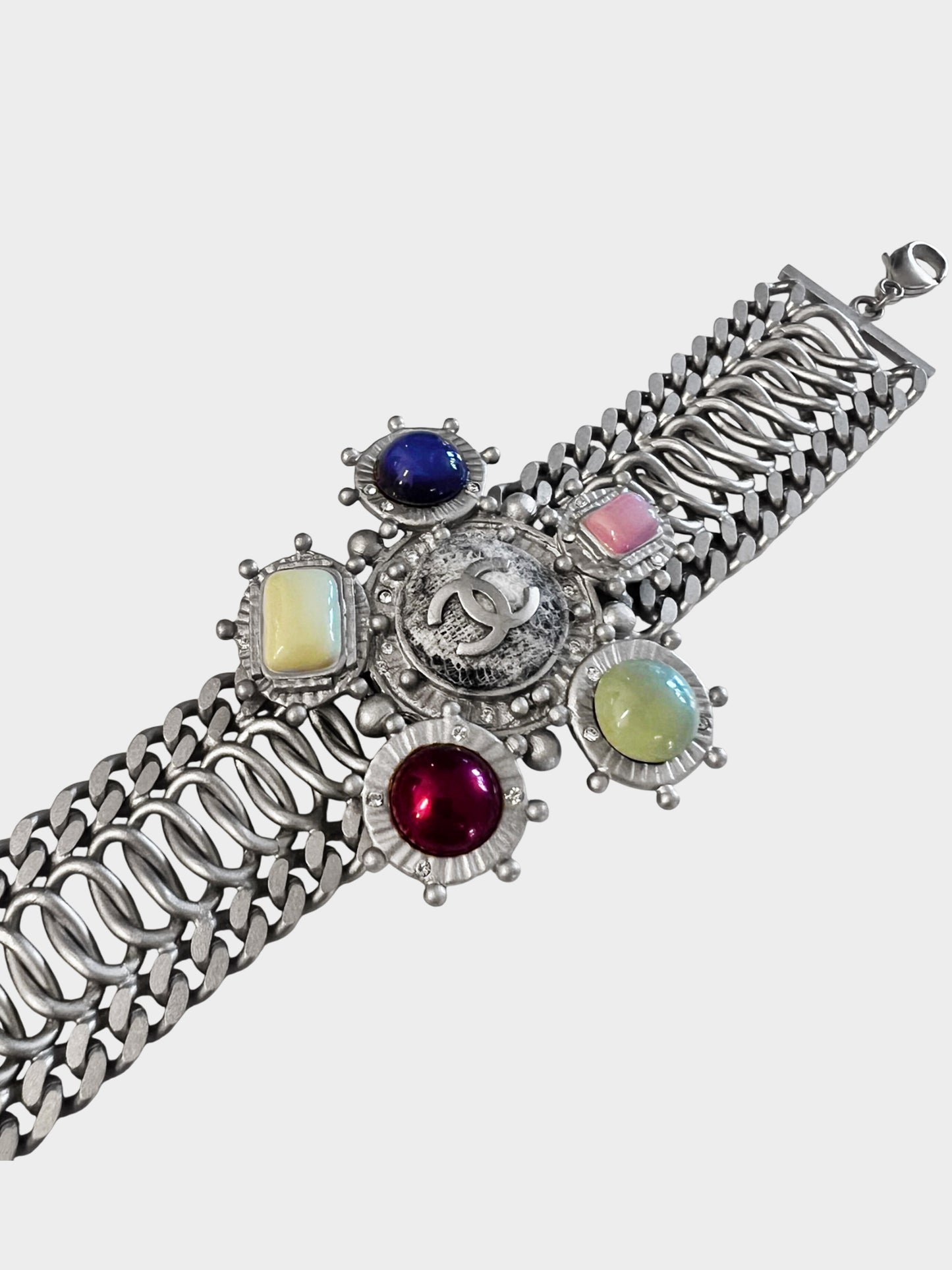 Chanel 2000s Silver Marbled Chain Medallion Bracelet