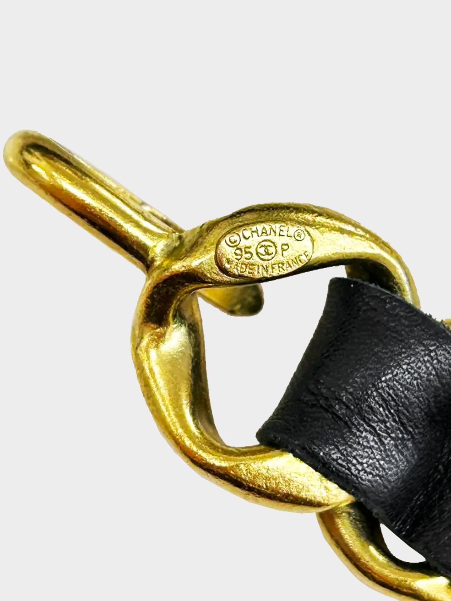 Chanel SS 1995 Gold and Black Leather Chain Belt with Logo Charm