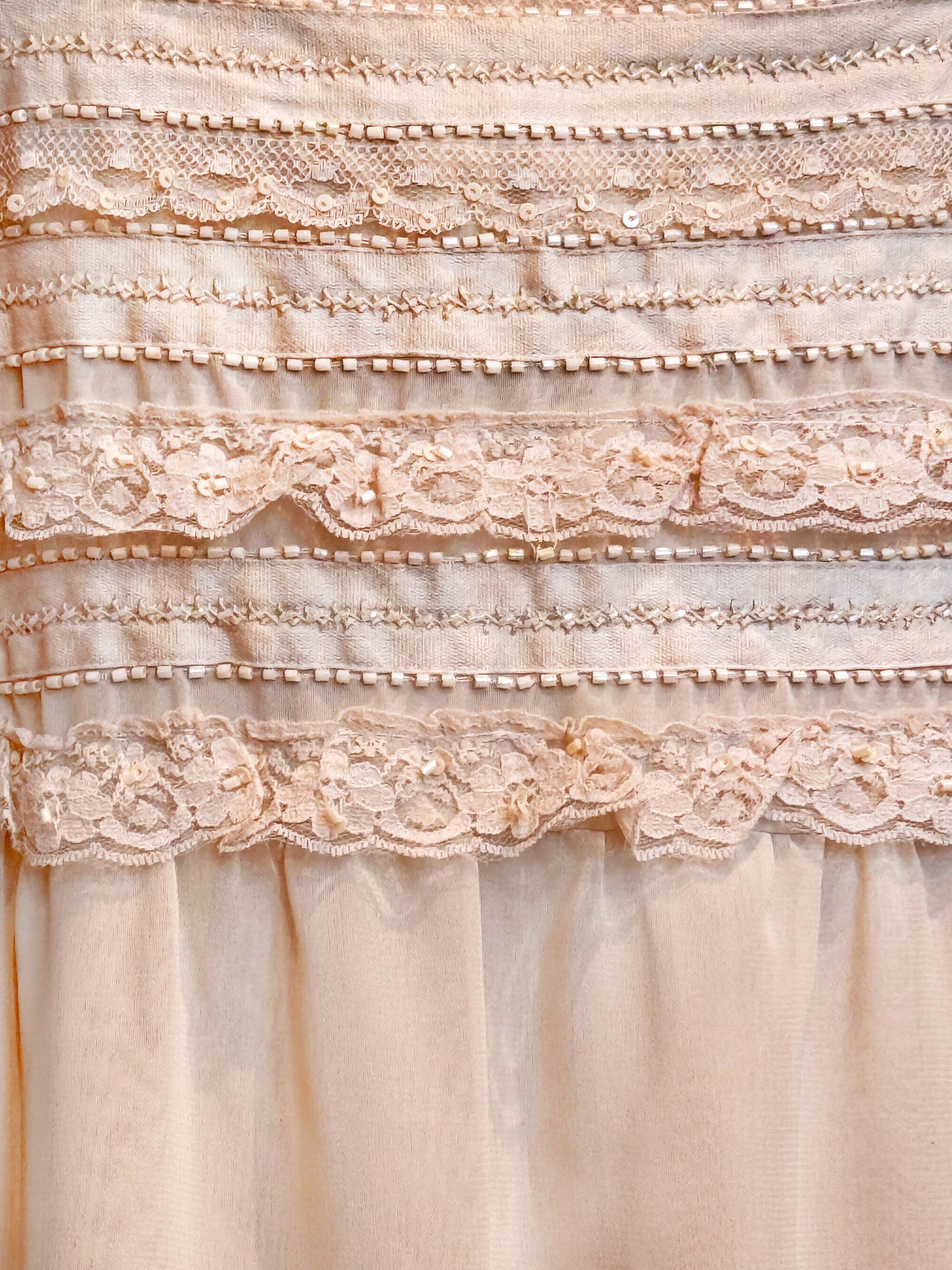 Valentino 2000s Beige Chiffon Mesh and Lace Embellished Square Neck Dress