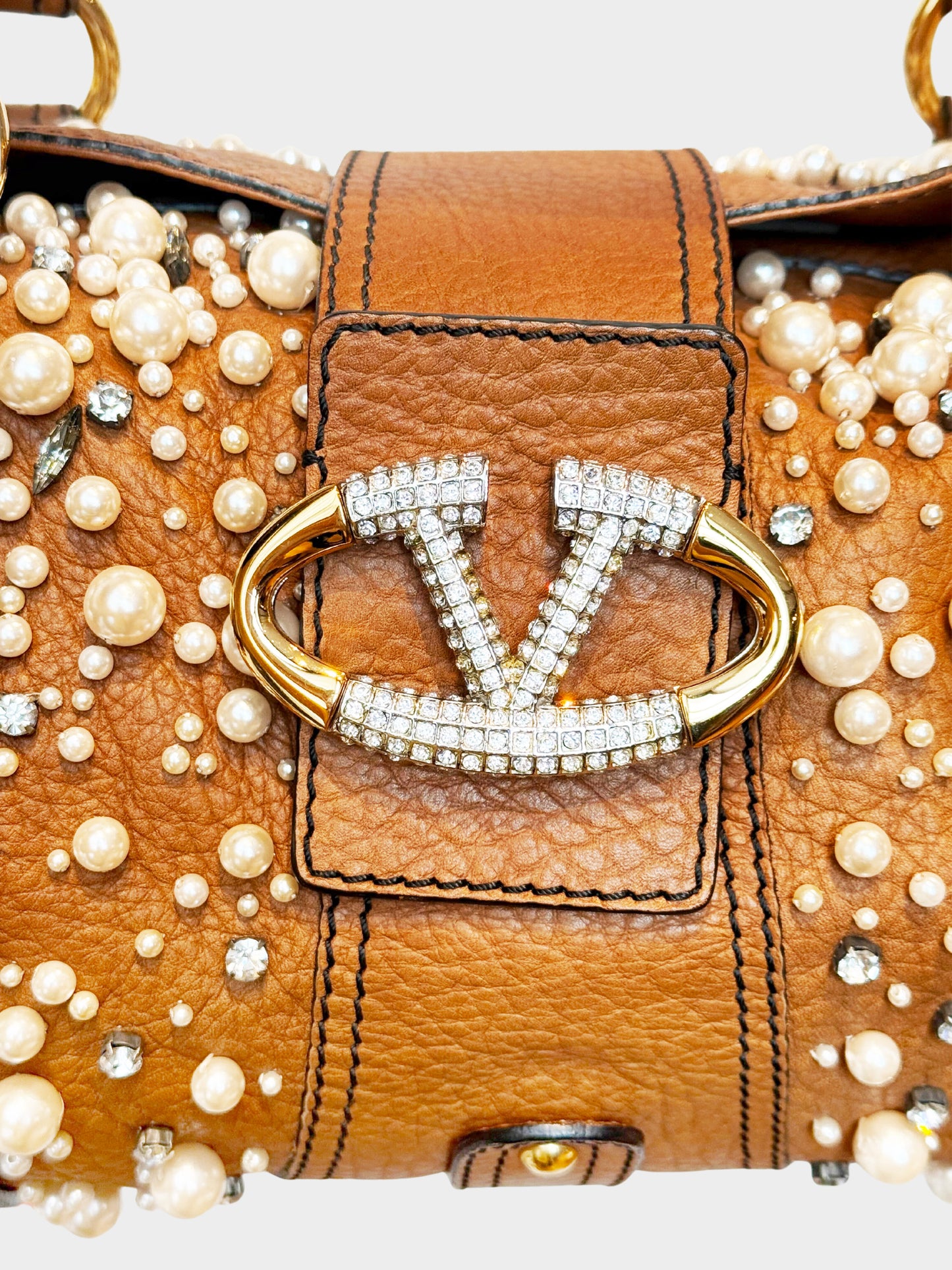 Valentino 2000s Brown Leather Pearl and Crystal Embellished Bag