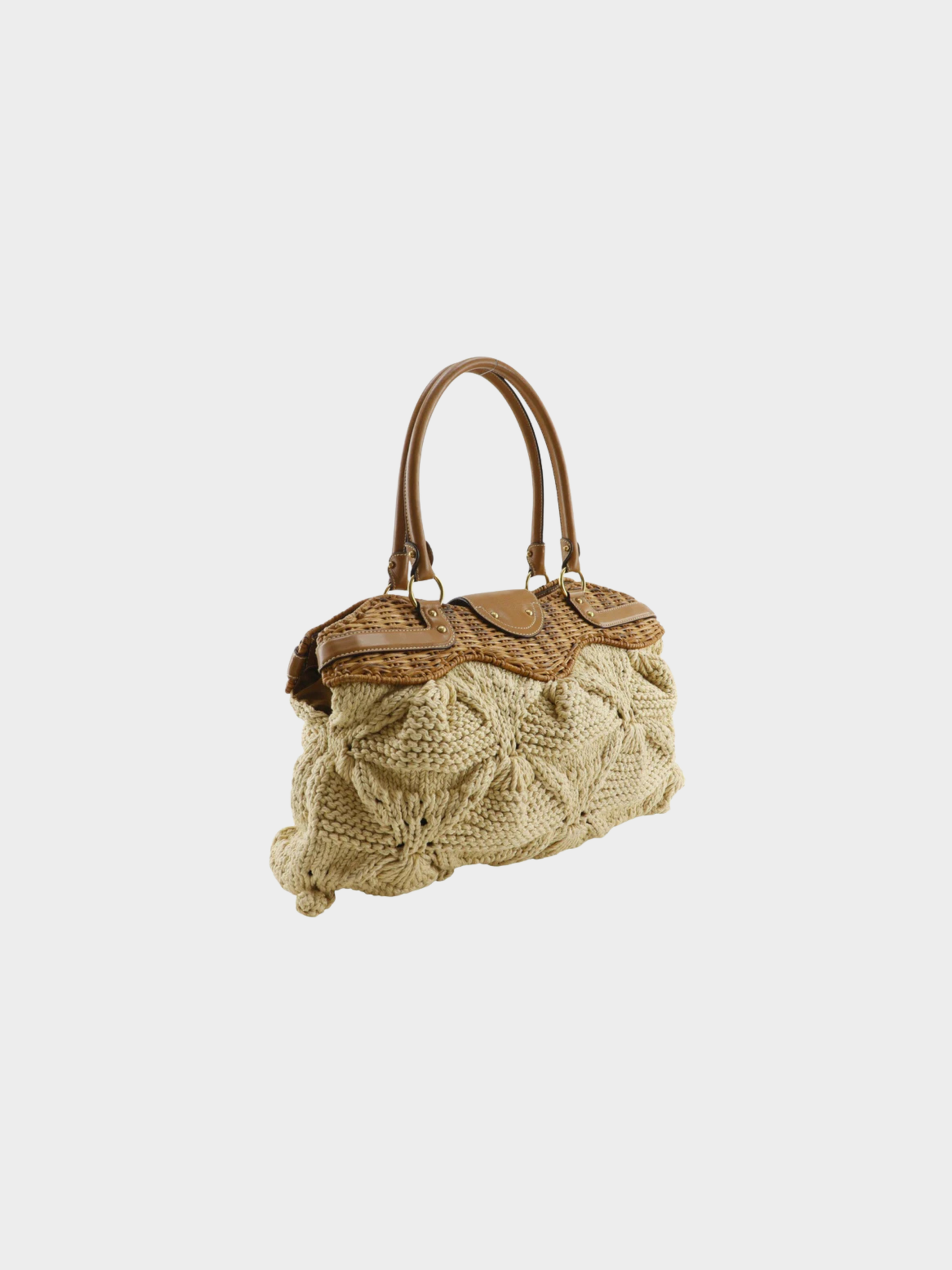 Salvatore Ferragamo 2000s Beige Rattan Cotton Gancini Marissa Tote Bag