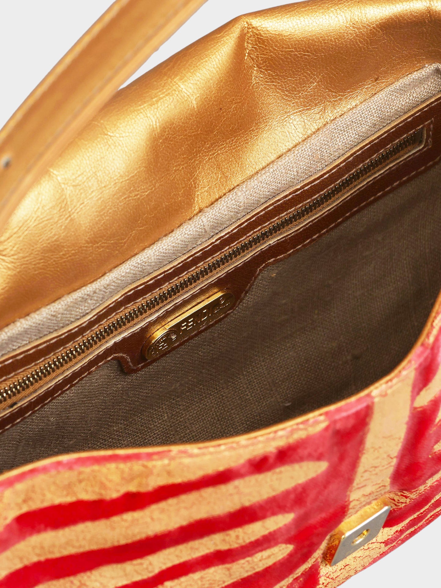 Fendi 2000s Rare Gold Leather and Red Velvet Zebra Print Baguette