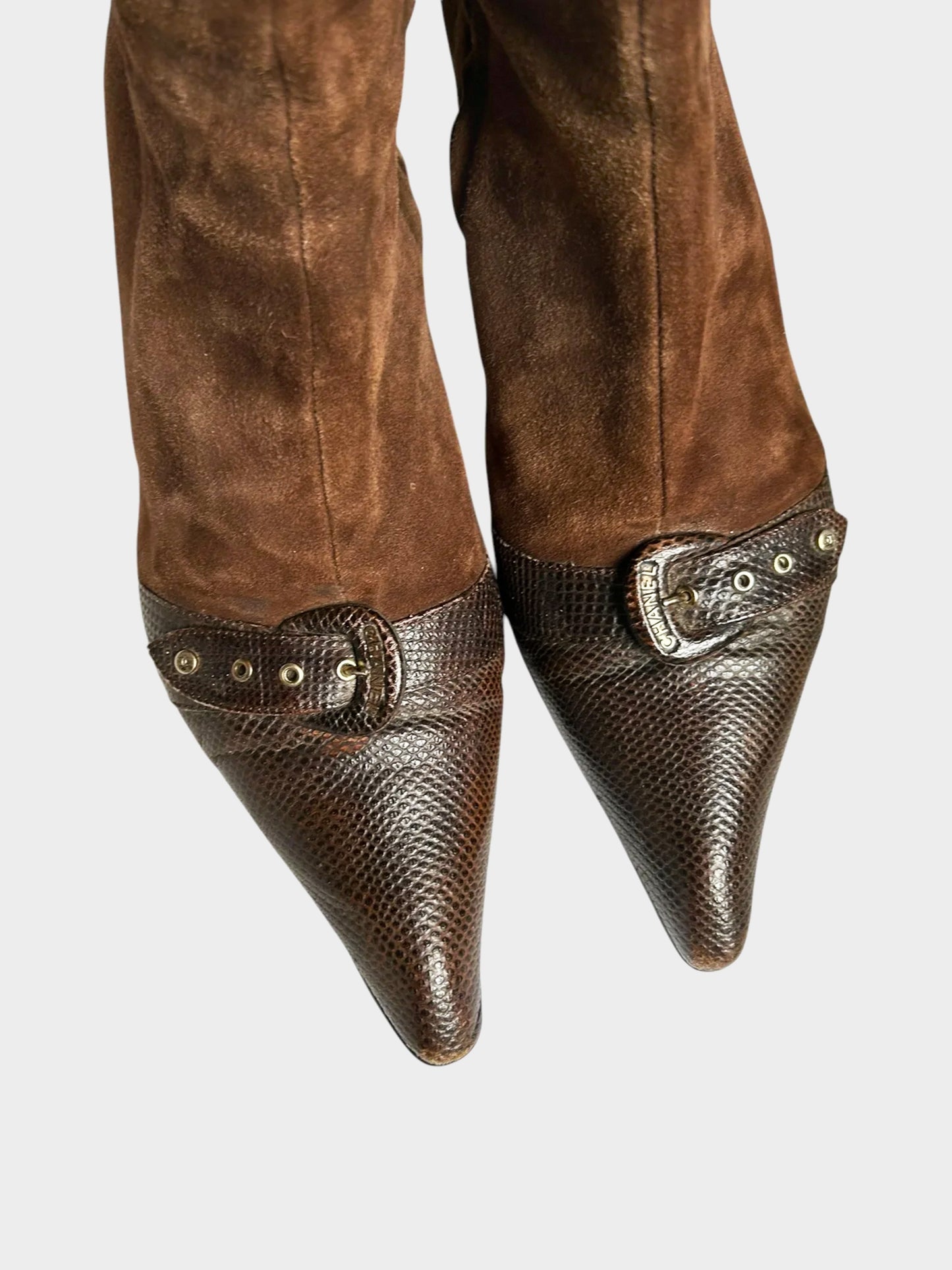Chanel 2000s Brown Suede and Lizard Leather Buckled Ankle Boots