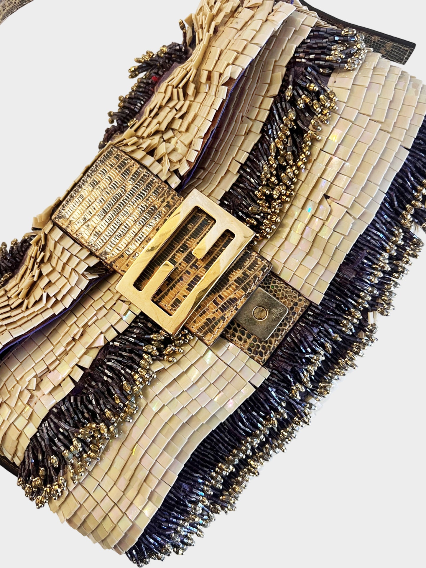 Fendi 2000s Mother of Pearl Beaded Baguette with Lizard Trim