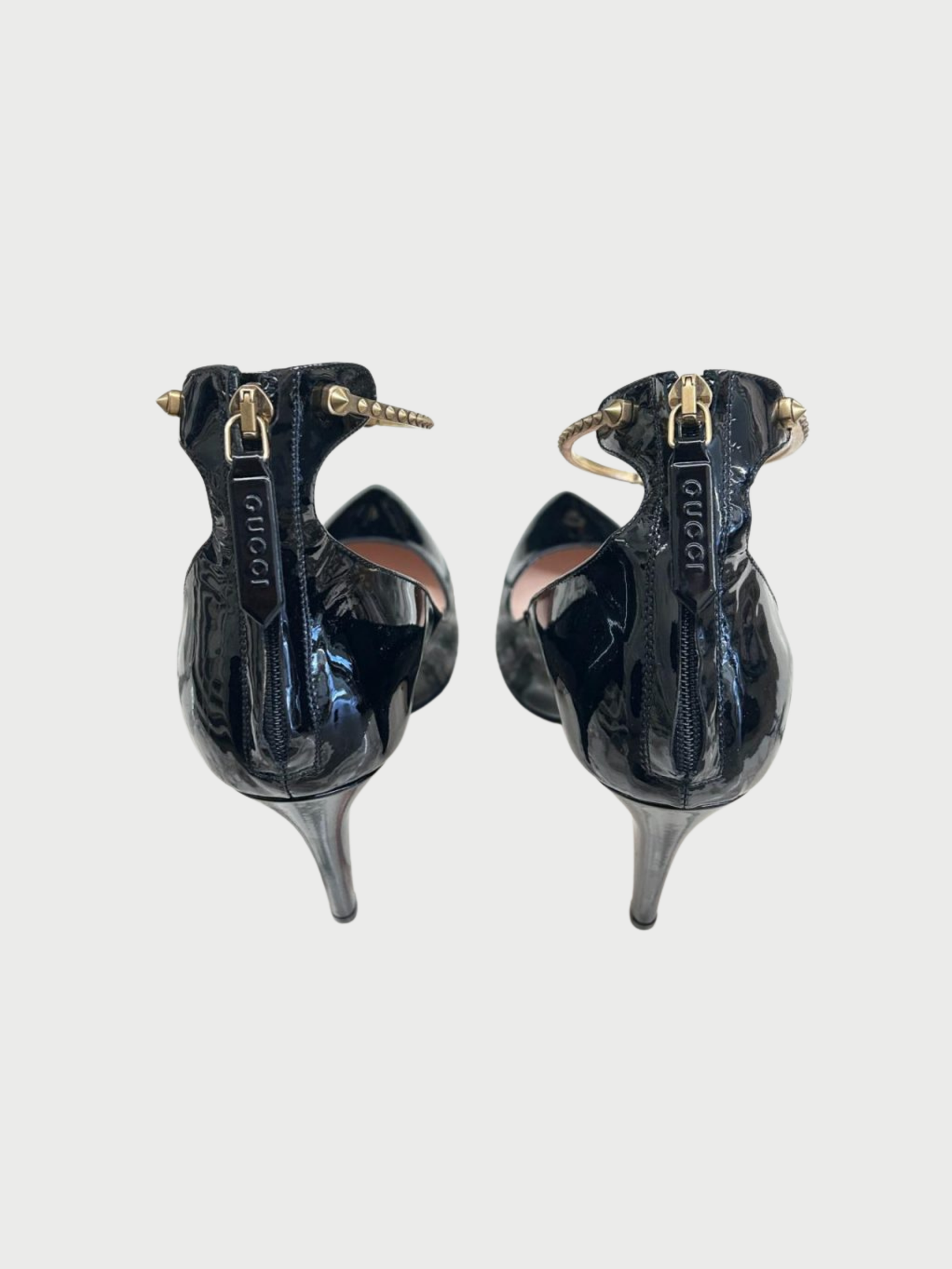 Gucci 2010s Black Patent Leather Studded Ankle Strap Heels
