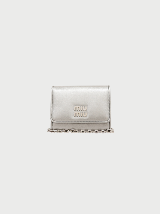 Miu Miu 2000s Silver Leather Logo Hardware Chain Shoulder Bag