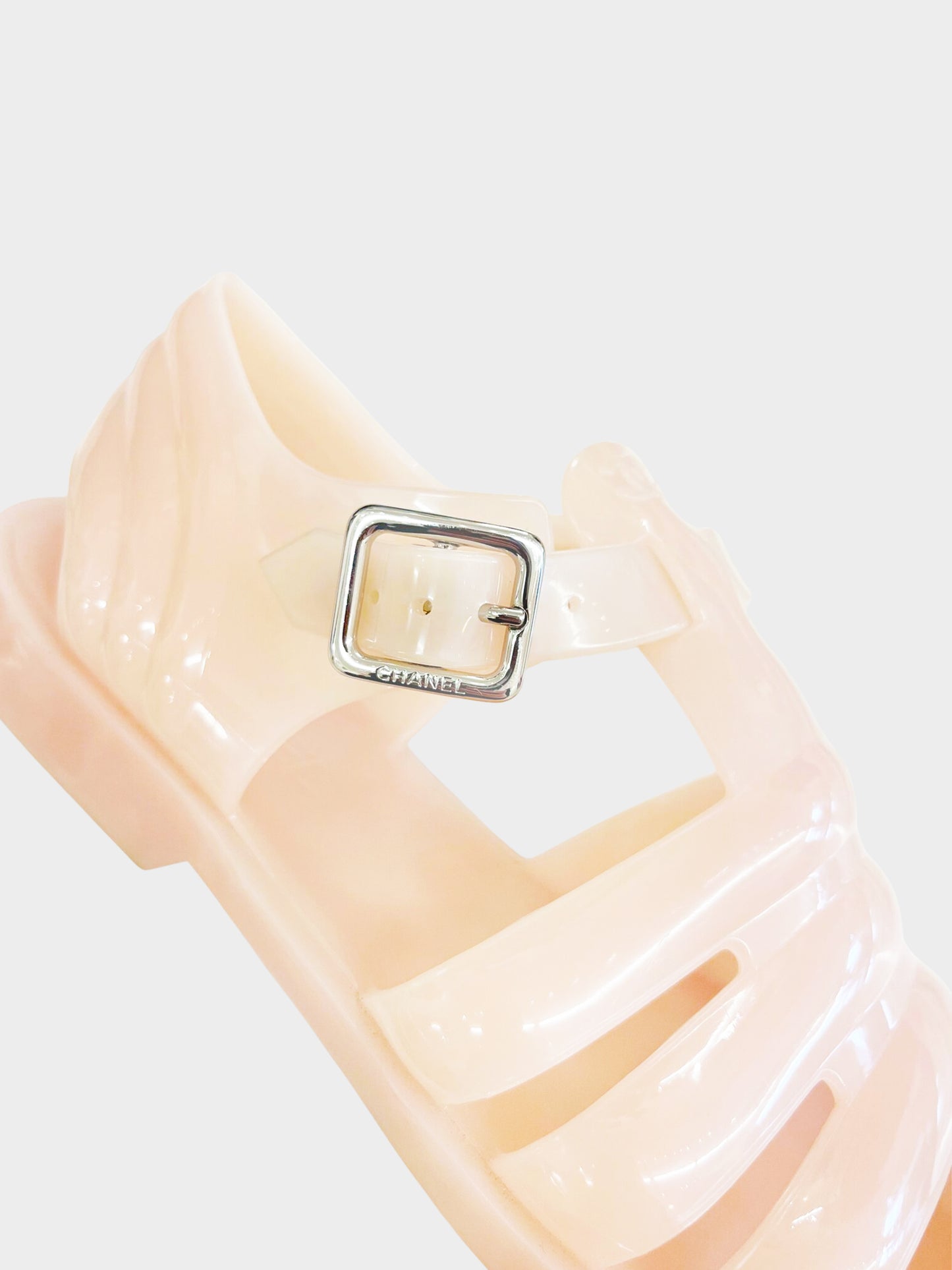 Chanel 2012 Peach Jelly CC Sandals with Silver Buckles