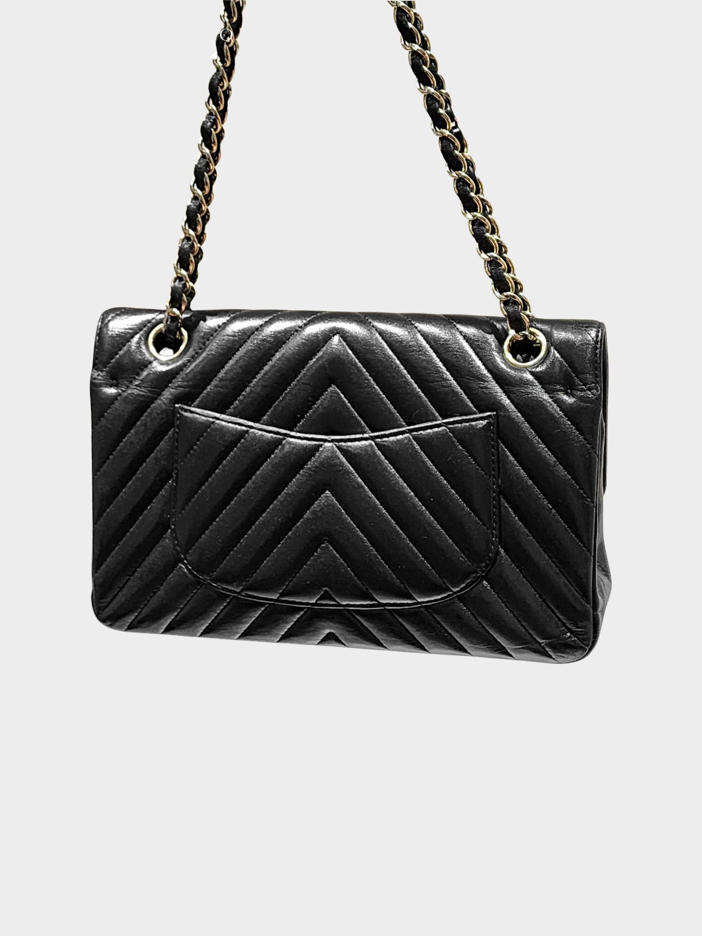 Chanel Late 2010s Black Lambskin Leather Chevron Stitch Medium Classic Flap Bag