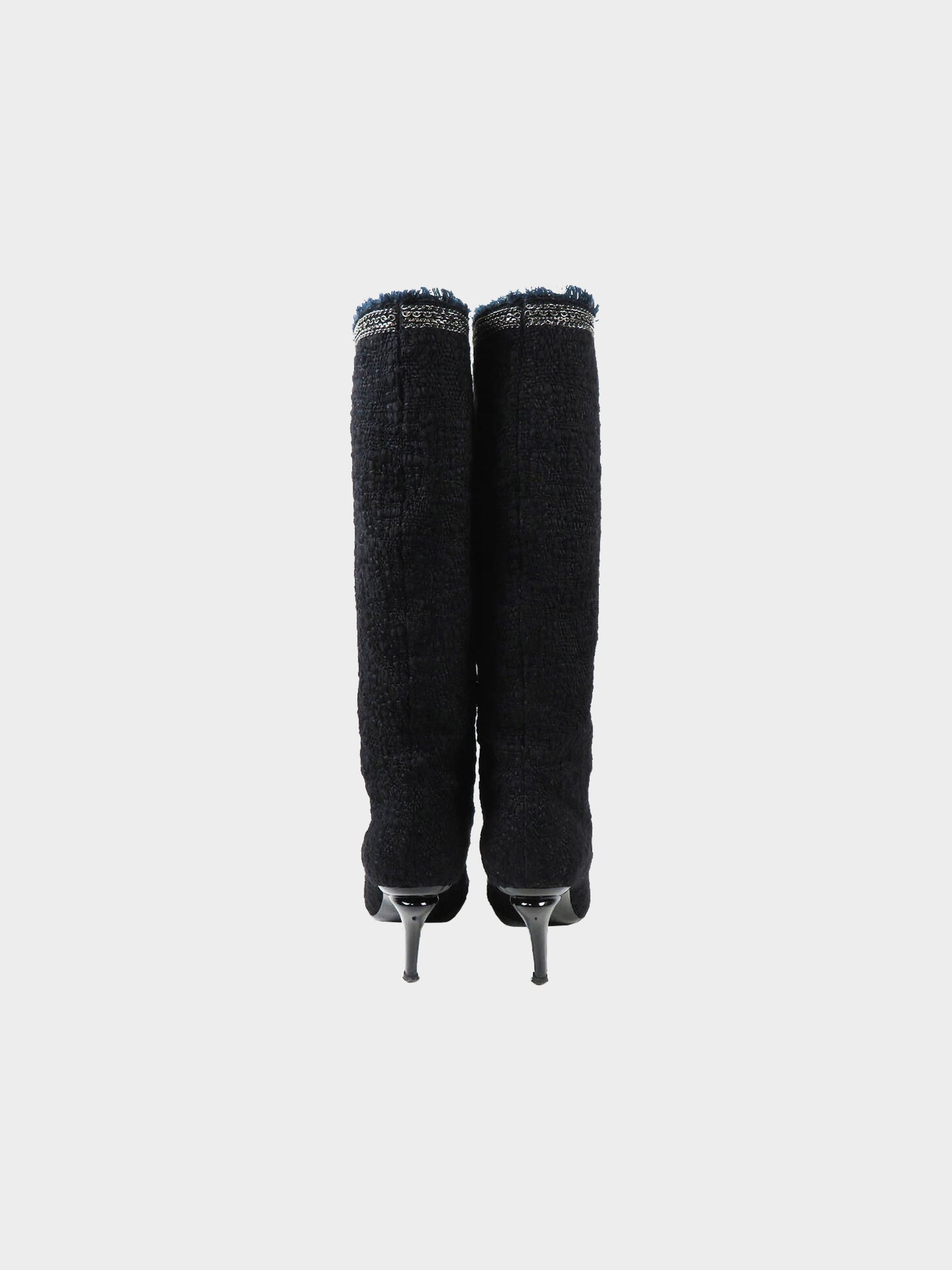 Chanel 2010s Black Tweed and Chain CC Signature Cap Toe Boots