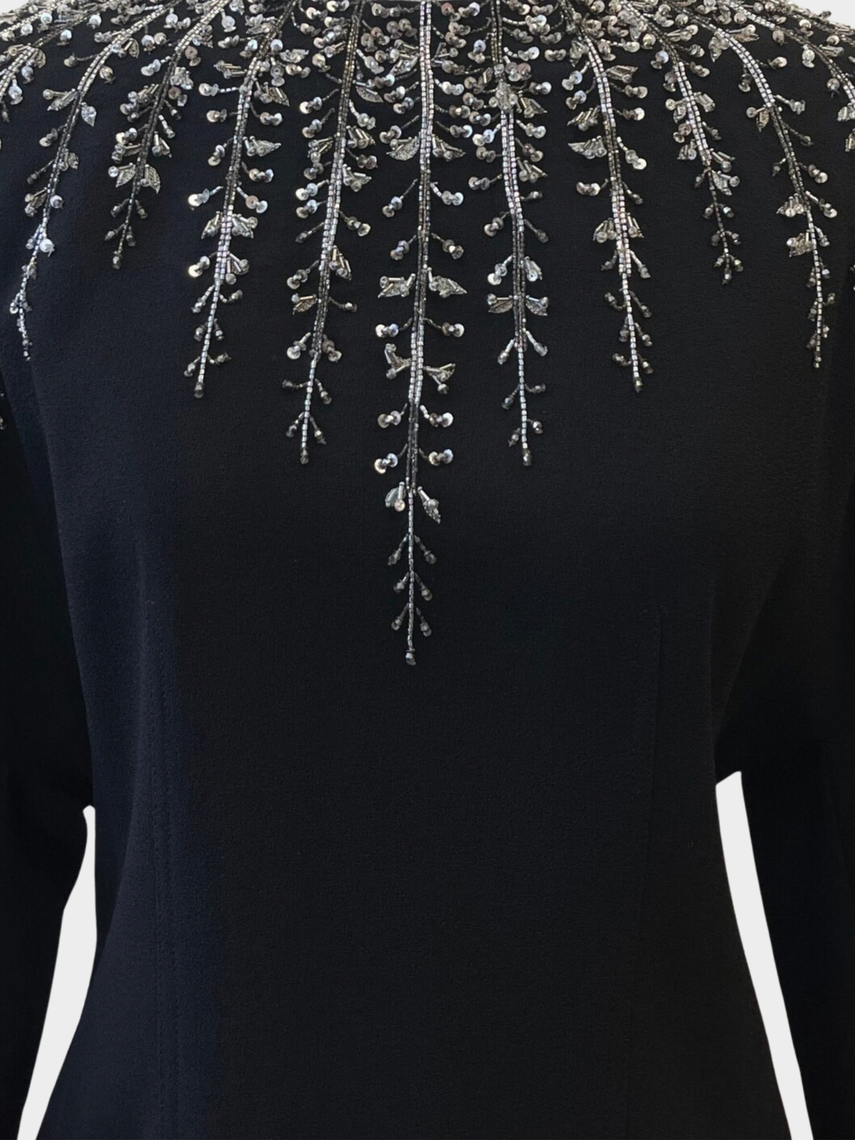 Givenchy 2000s Black Wool Silk Silver Beaded Long Sleeve Dress