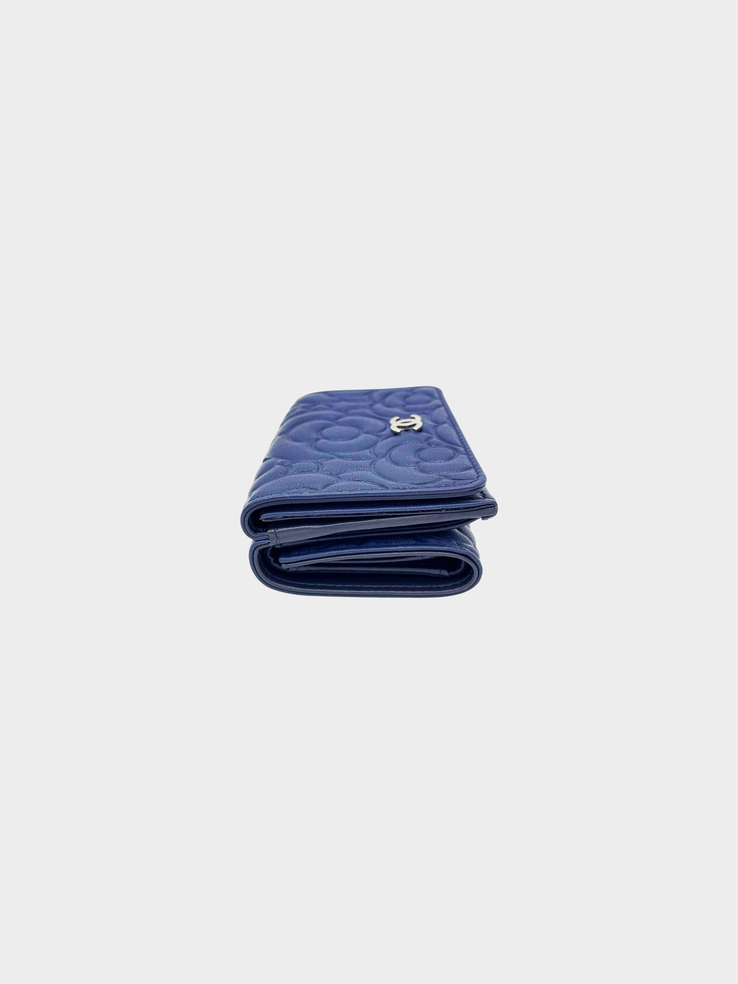 Chanel 2019 Navy Camellia Embossed Trifold Wallet