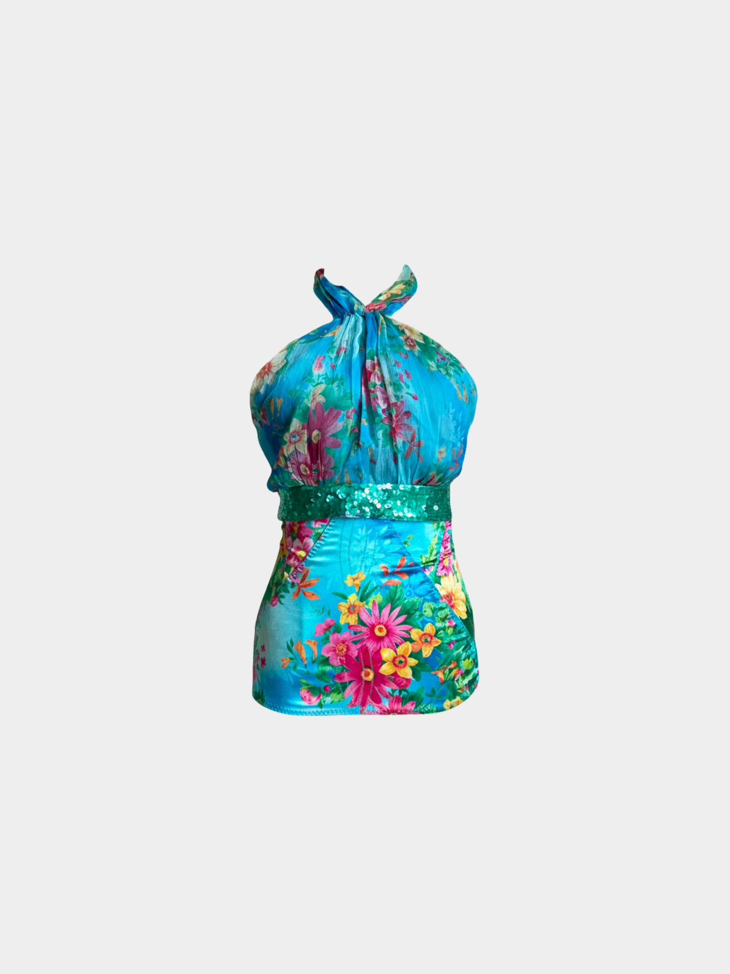 Dolce & Gabbana 2000s Blue Floral Halter Top & Skirt Set